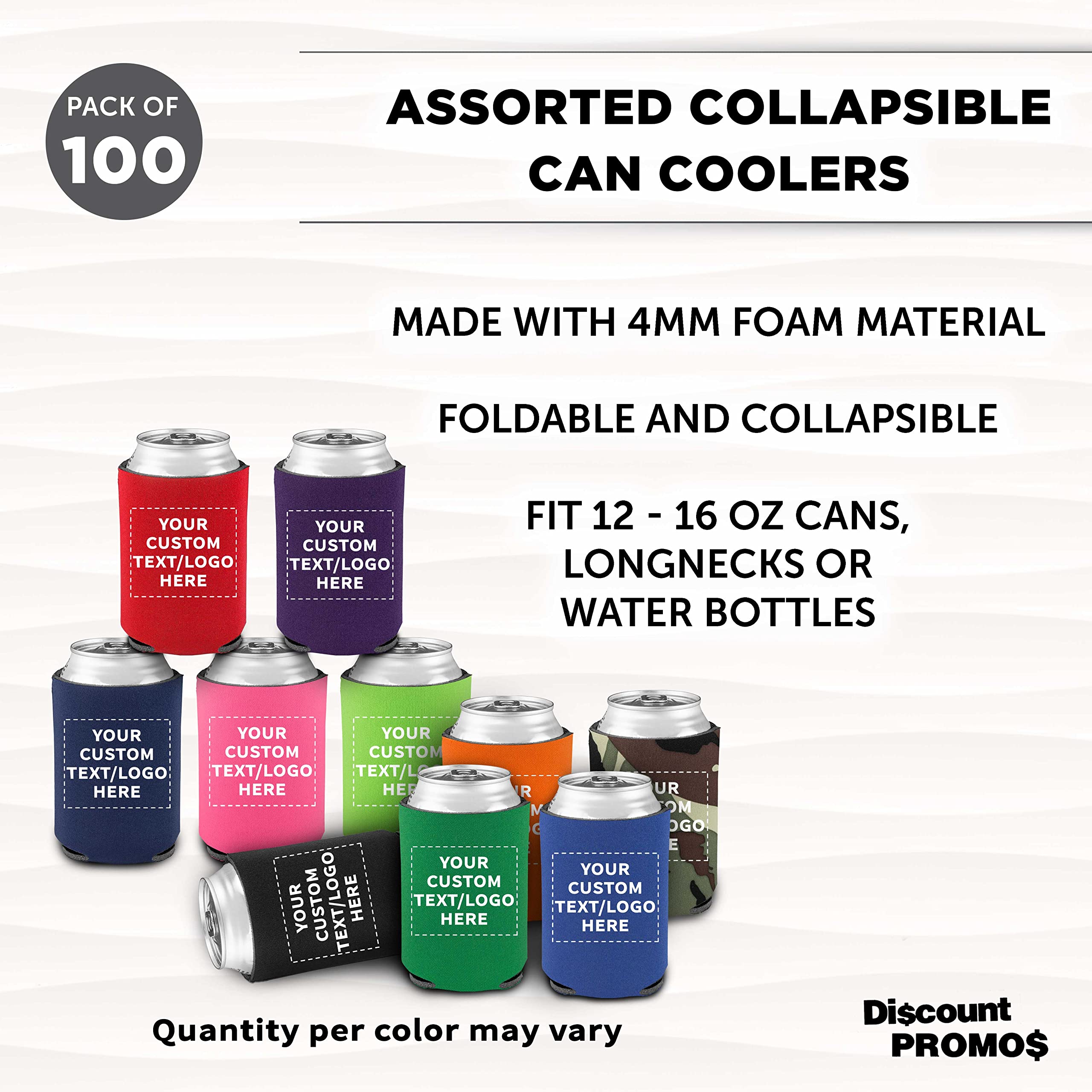 100-Pack Custom Assorted Collapsible Can Coolers - Bulk Personalized Beer & Soda Sleeves - Keep Drinks Cold for Hours - Perfect for Parties, BBQs, Tailgating & Outdoor Events