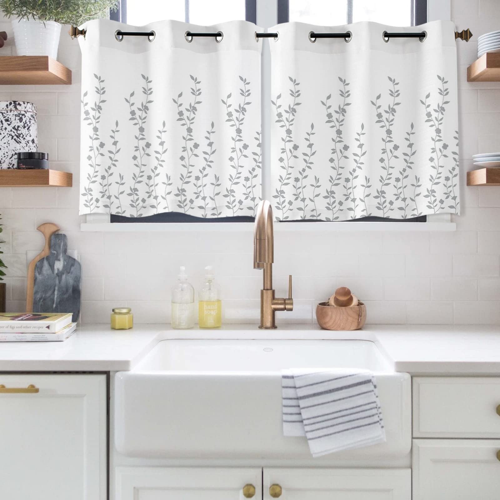 White Grey Floral Window Curtains 45 Inch Length - 2 Panel Grommet Kitchen Cafe Drapes for Living Room, Bedroom & Laundry Room | Summer Flower Plant Design Window Treatment for Home Decor