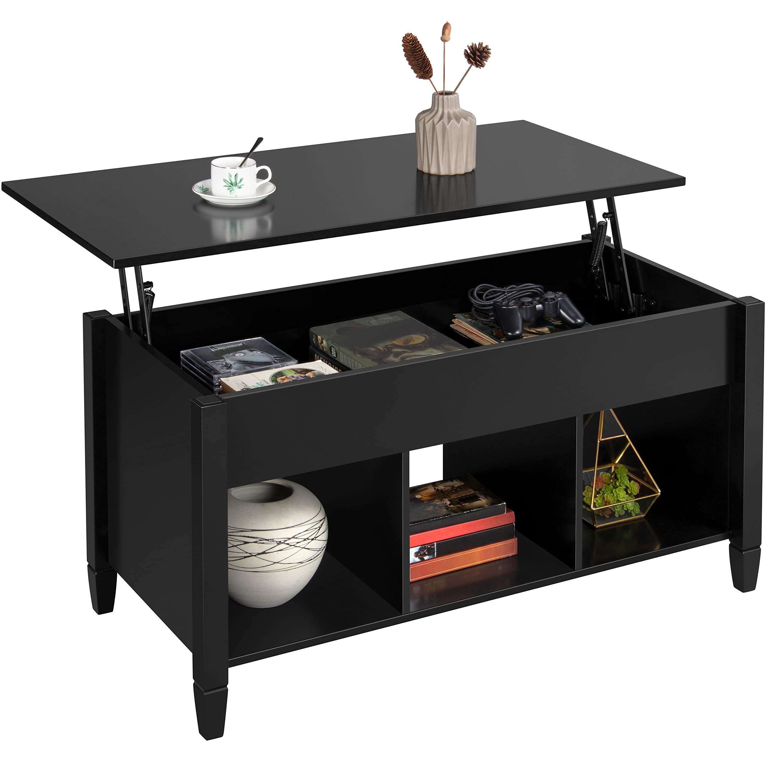 Yaheetech Lift Top Coffee Table with Hidden Storage & 3 Cube Shelves - Modern Lift Tabletop Design for Living Room, Office, Reception - Black - Perfect for Small Spaces & Home Organization