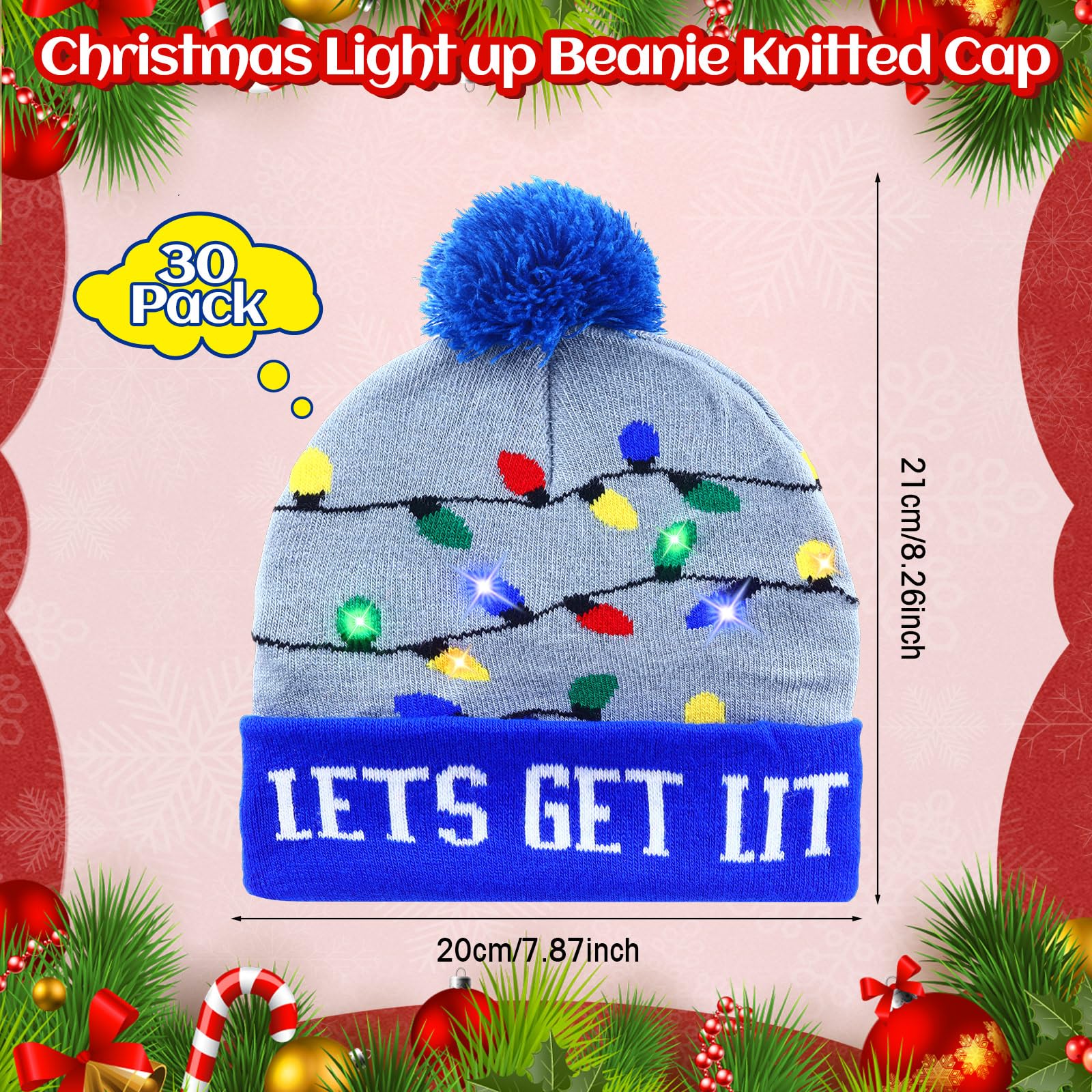 30 Pack LED Christmas Beanie Hats - Light Up Knit Winter Hats for Men & Women - Colorful Holiday Party Favors (Great for Xmas Parties, Gifts & Winter Festivals)