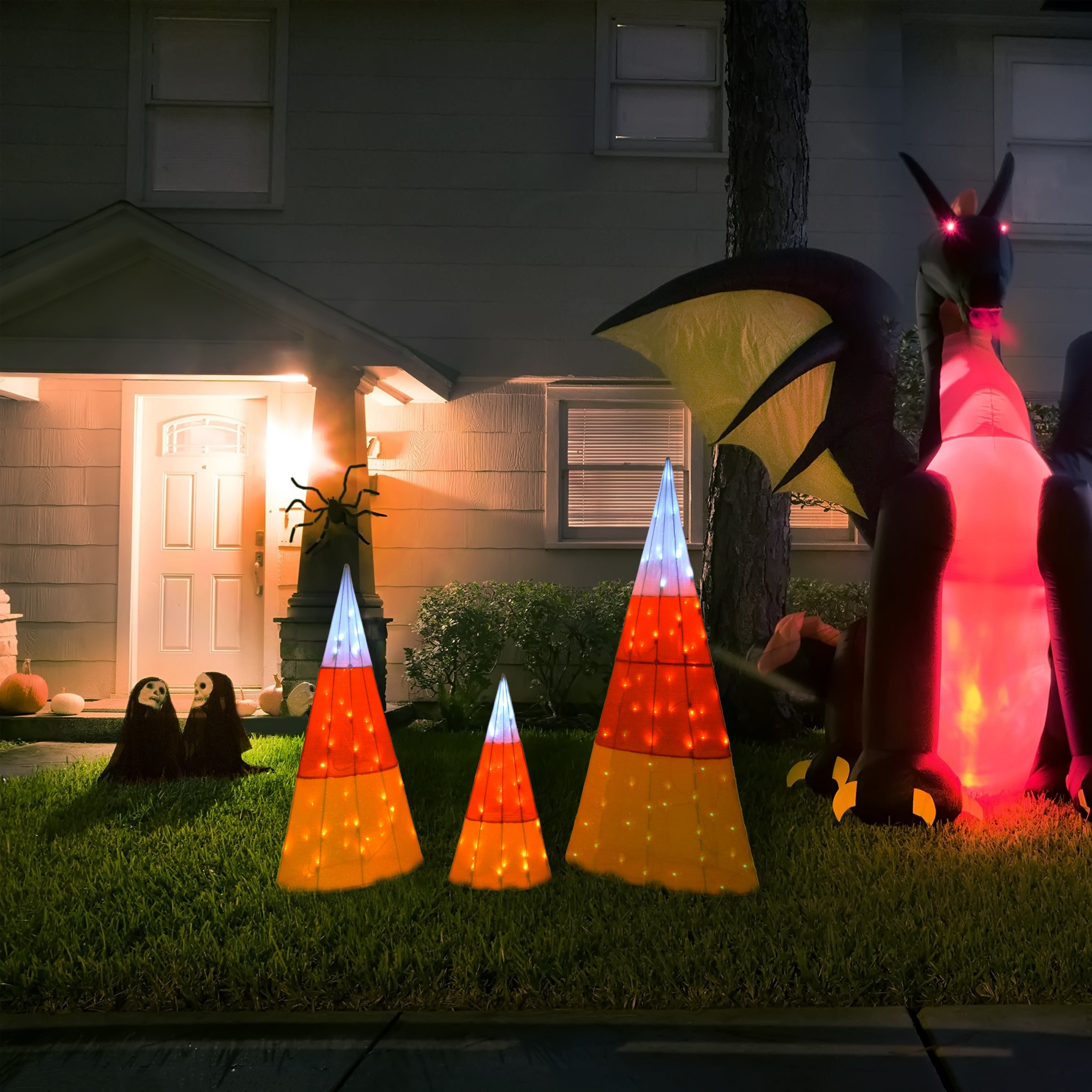 3 Inch Halloween Candy Corn Cones with LED Lights - Outdoor Lawn Decorations for Halloween Party, Yard, and Garden Decor