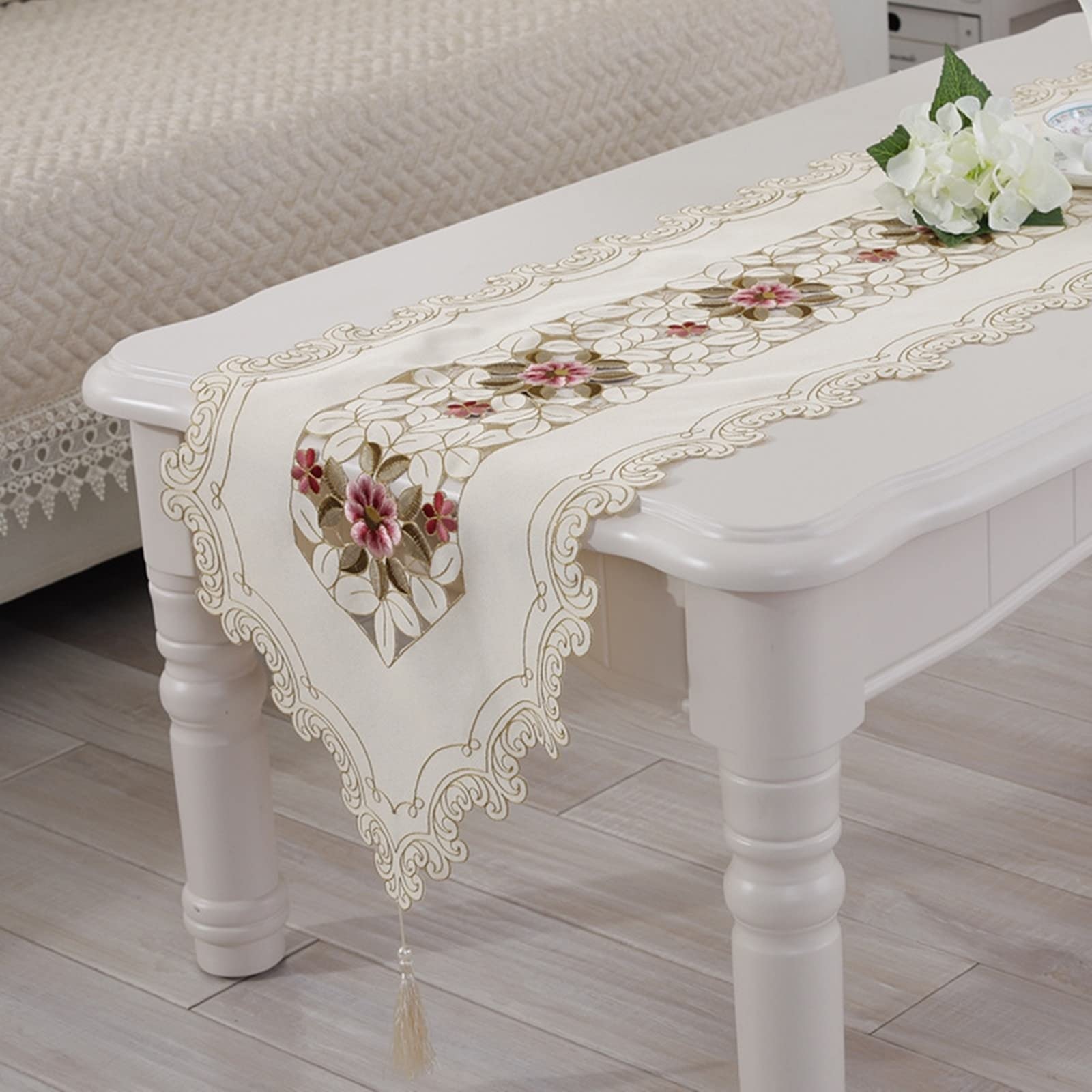 Beige Pink Round Embroidered Flower Polyester Table Runner 40x270cm - Elegant Kitchen & Dining Table Decor for Christmas, Weddings, and Home Decor