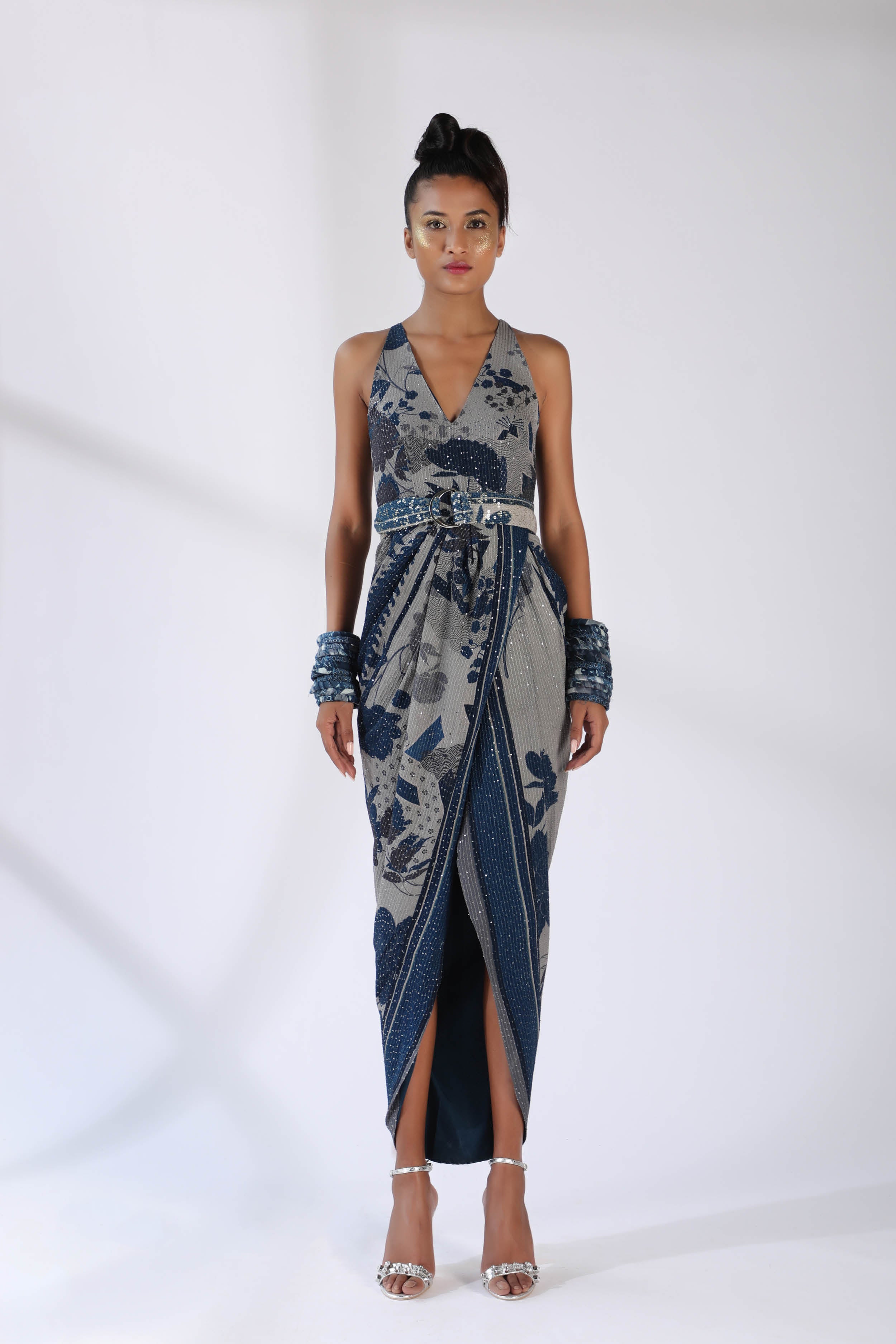 Elegant Indigo Blue Floral Print Wrap Dress with Belt - Perfect for Weddings, Parties & Special Occasions