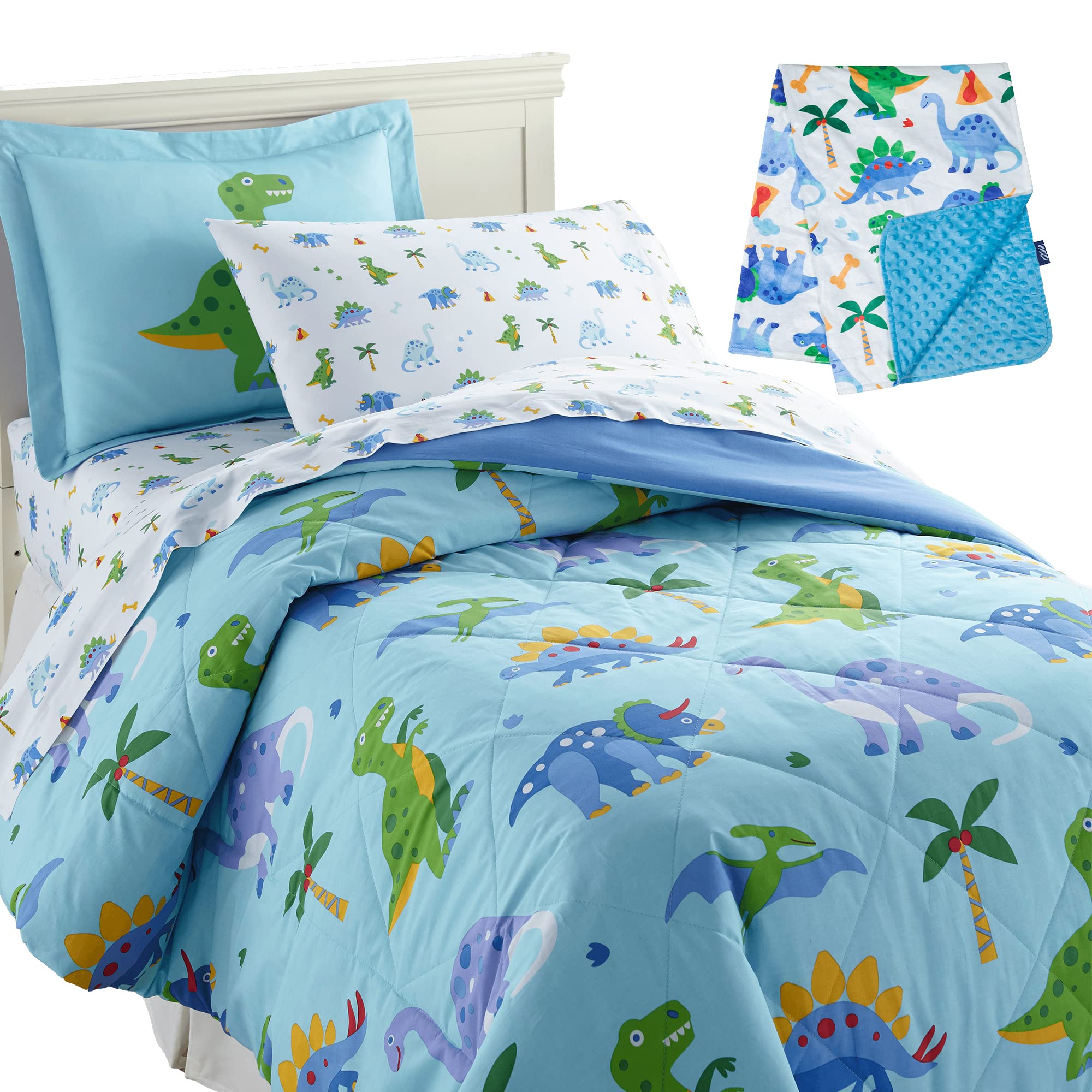 Wildkin Dinosaur Land Plush Blanket Bundle - 5 Piece Twin Bed in a Bag Set | Ultra Soft Cotton Blanket for Kids & Adults | Perfect for Bedroom, Dorm Room, Sleepovers & Cozy Movie Nights