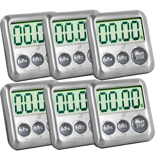 Premium Digital Kitchen Timer with Stainless Steel Design - Strong Magnetic Back & Kickstand - Loud Alarm - Large LCD Display - Auto Memory & Shut-Off (6-Pack, Charcoal) - Perfect for Cooking, Baking, Workouts & Classroom Activities