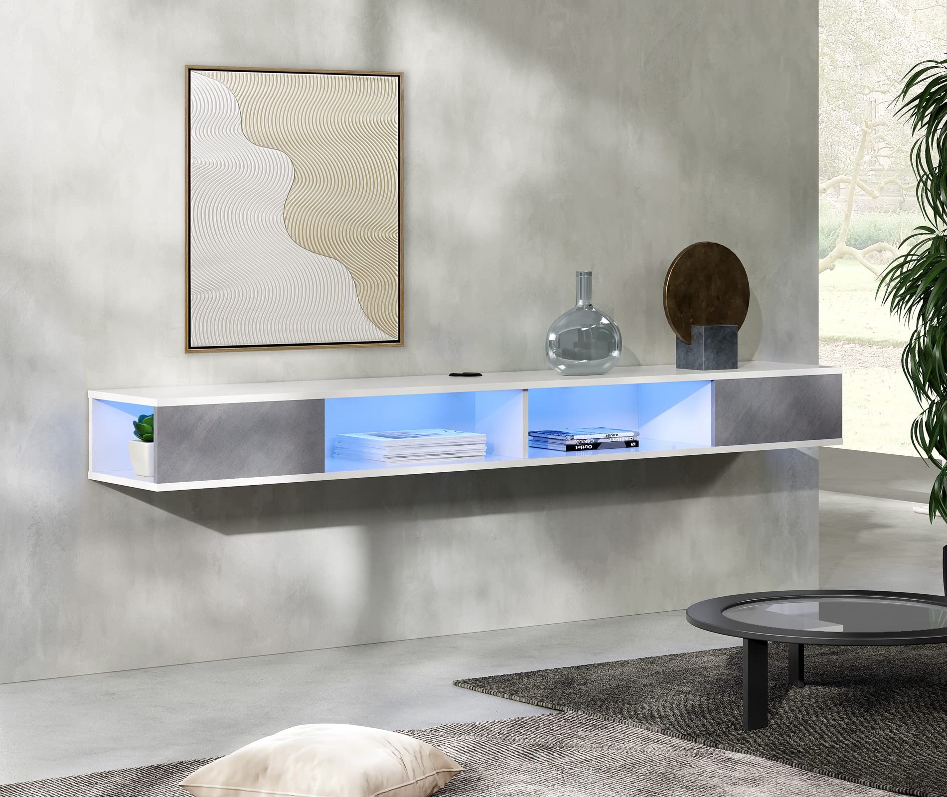 WAMPAT 70 Inch Floating TV Stand with Yellow/Blue LED Lights - Wall Mounted Entertainment Center & Media Console with Storage for 65/70/75 Inch TVs (White & Grey) - Perfect for Living Room, Bedroom, and Home Theater Setup