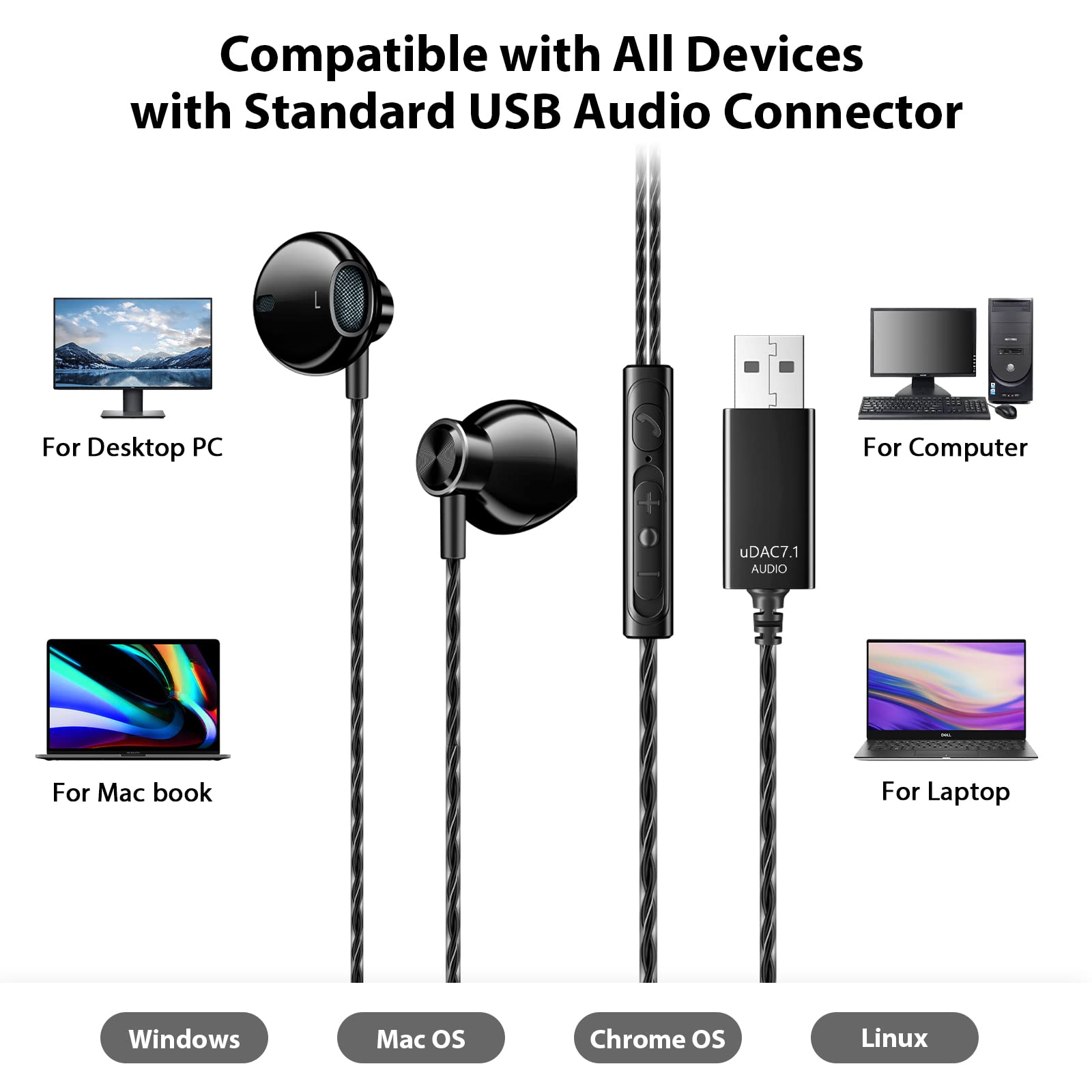 ACOCOBUY USB Computer Headset with Microphone - 8.2ft Wired Noise Cancelling HiFi Stereo Gaming Headphones for PC, Laptop (ASUS, Dell, Surface) - Lightweight In-Ear Earphones for Work, Gaming & Online Meetings