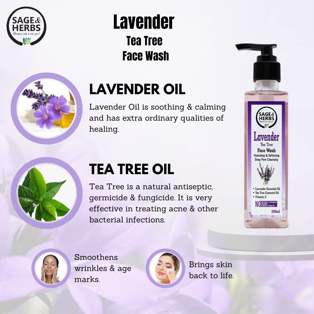 Sage & Herbs Natural Anti Acne Face Wash with Lavender & Tea Tree Oil - Reduces Acne, Pimples & Minimizes Pores - Gentle Cleanser for Oily & Sensitive Skin - Perfect for Daily Skincare Routine & Breakout Control (100ml)