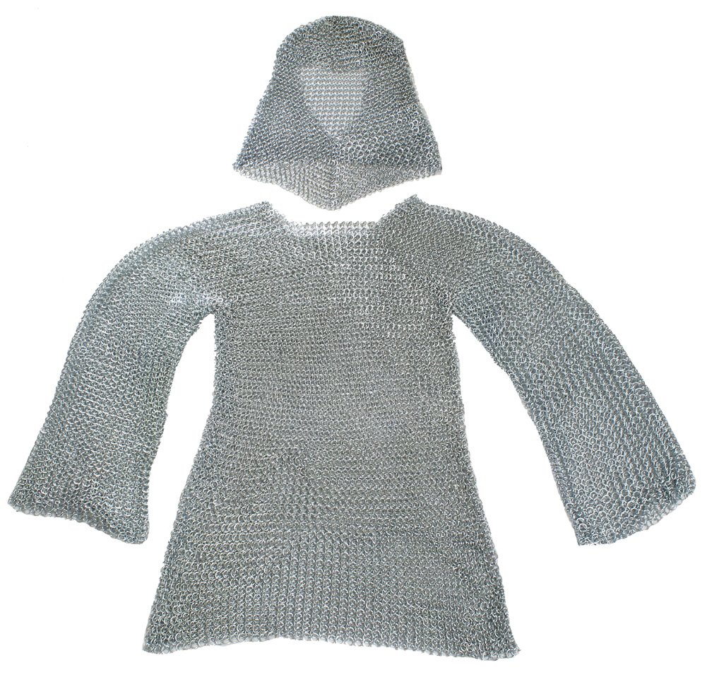Men's Chainmail Shirt & Coif Set - One Size Fits Most - Medieval Armor Costume for LARP, Renaissance Fairs & Cosplay - Silver