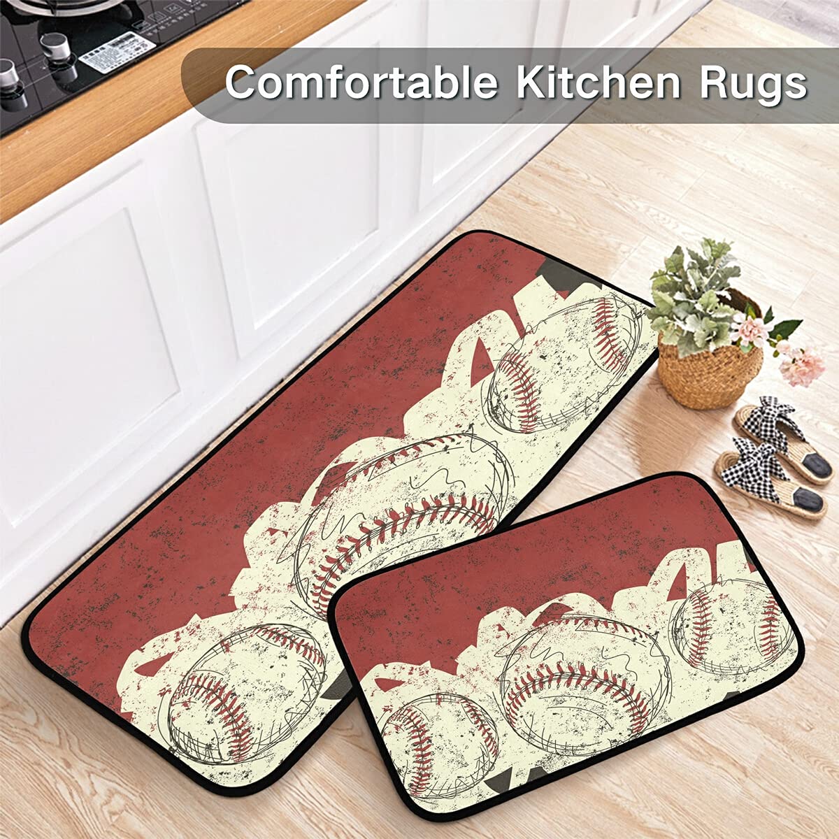 3-Piece Non-Slip Washable Baseball Kitchen Rugs and Mats Set, 2 Runner Rugs for Home, Kitchen, Laundry, and Bathroom Floor Decoration