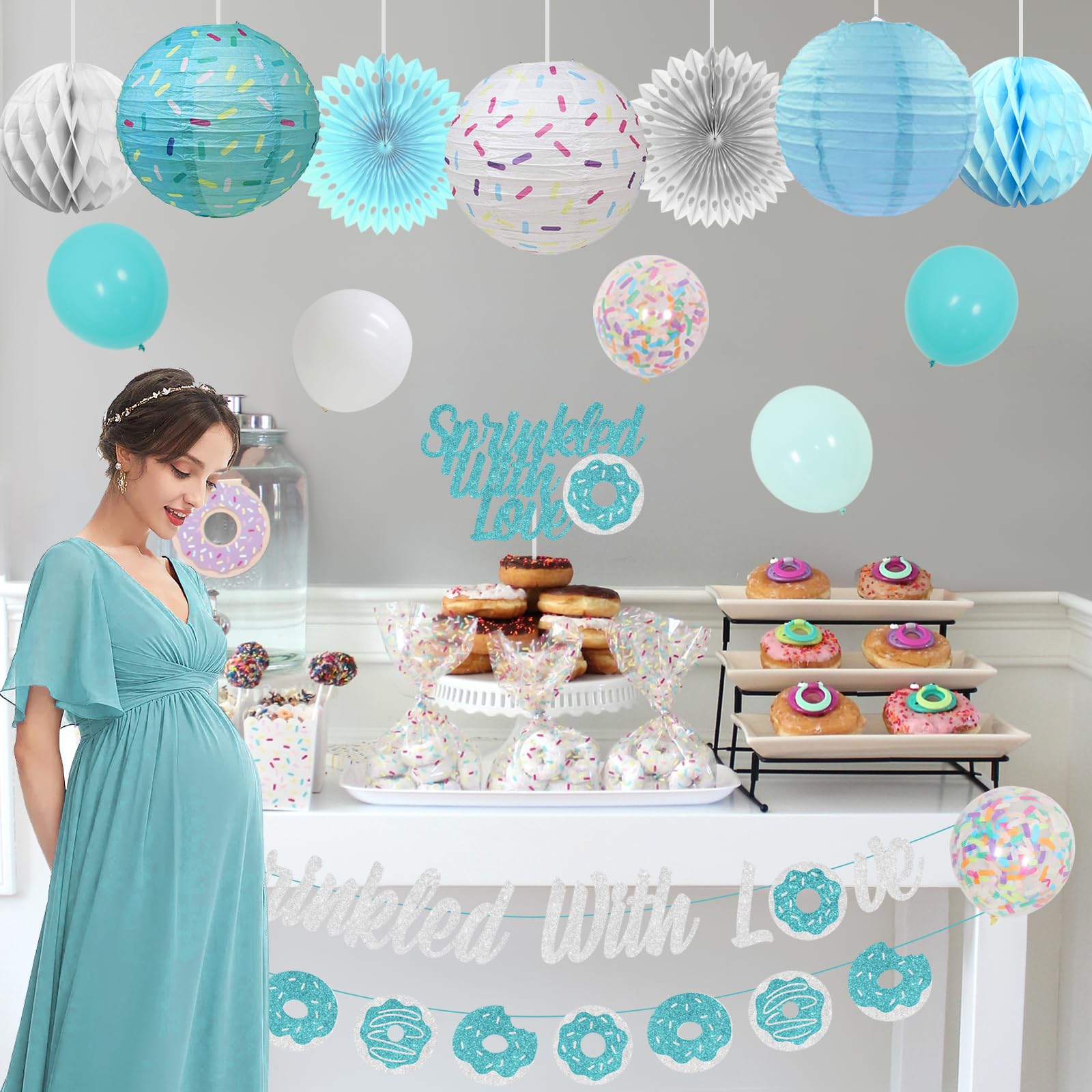 Blue Sprinkle with Love Baby Shower Decorations Set - Donut Banner, Flags, Lanterns & Honeycomb Balloons for Boy's Birthday Party | Cake Topper & Party Supplies for Gender Reveal, Nursery Decor