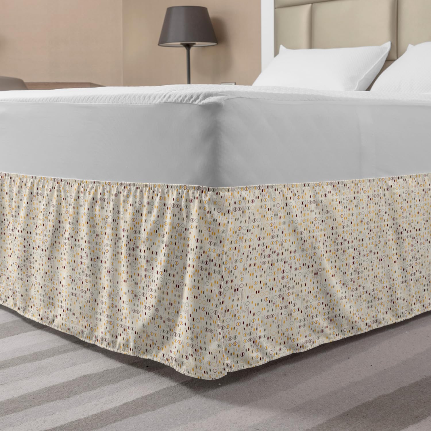Ambesonne Abstract Elastic Bed Skirt - Geometric Eye & Circular Mini Design, Wrap Around Fabric Dust Ruffle for King Size Beds (Eggshell Maroon) | Perfect for Modern Bedroom Decor & Guest Room Styling