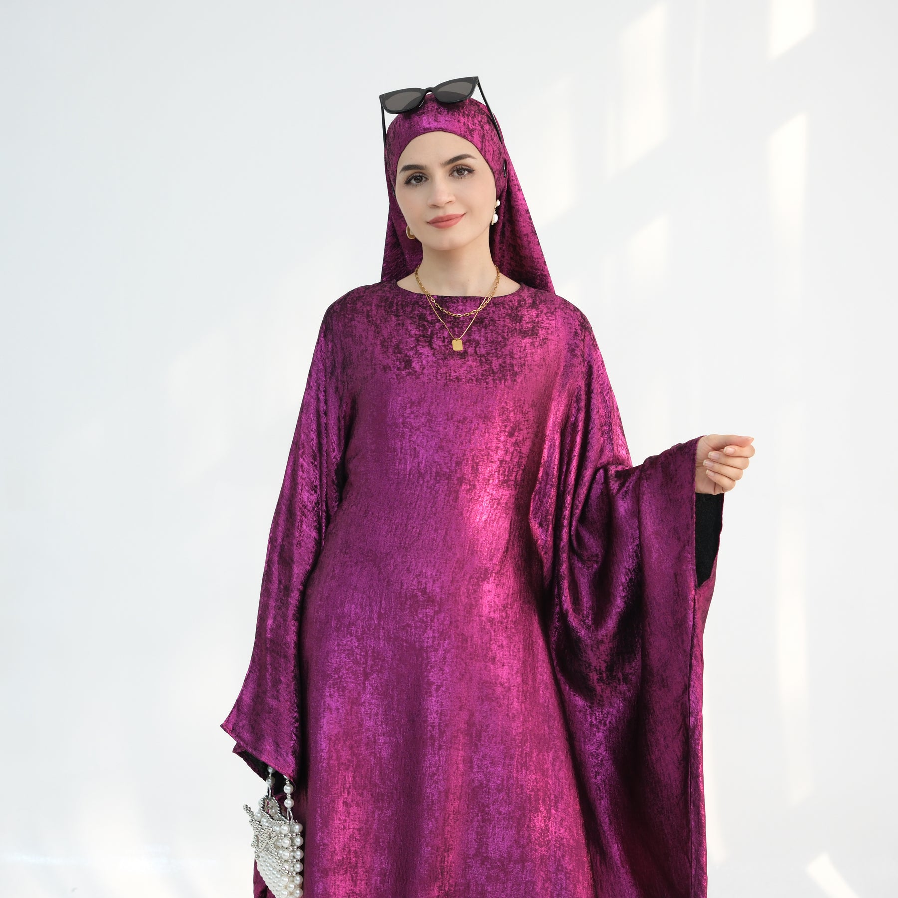 Linora Shimmer Butterfly Abaya - Elegant Magenta Islamic Dress for Women | Perfect for Eid, Prayer, and Special Occasions