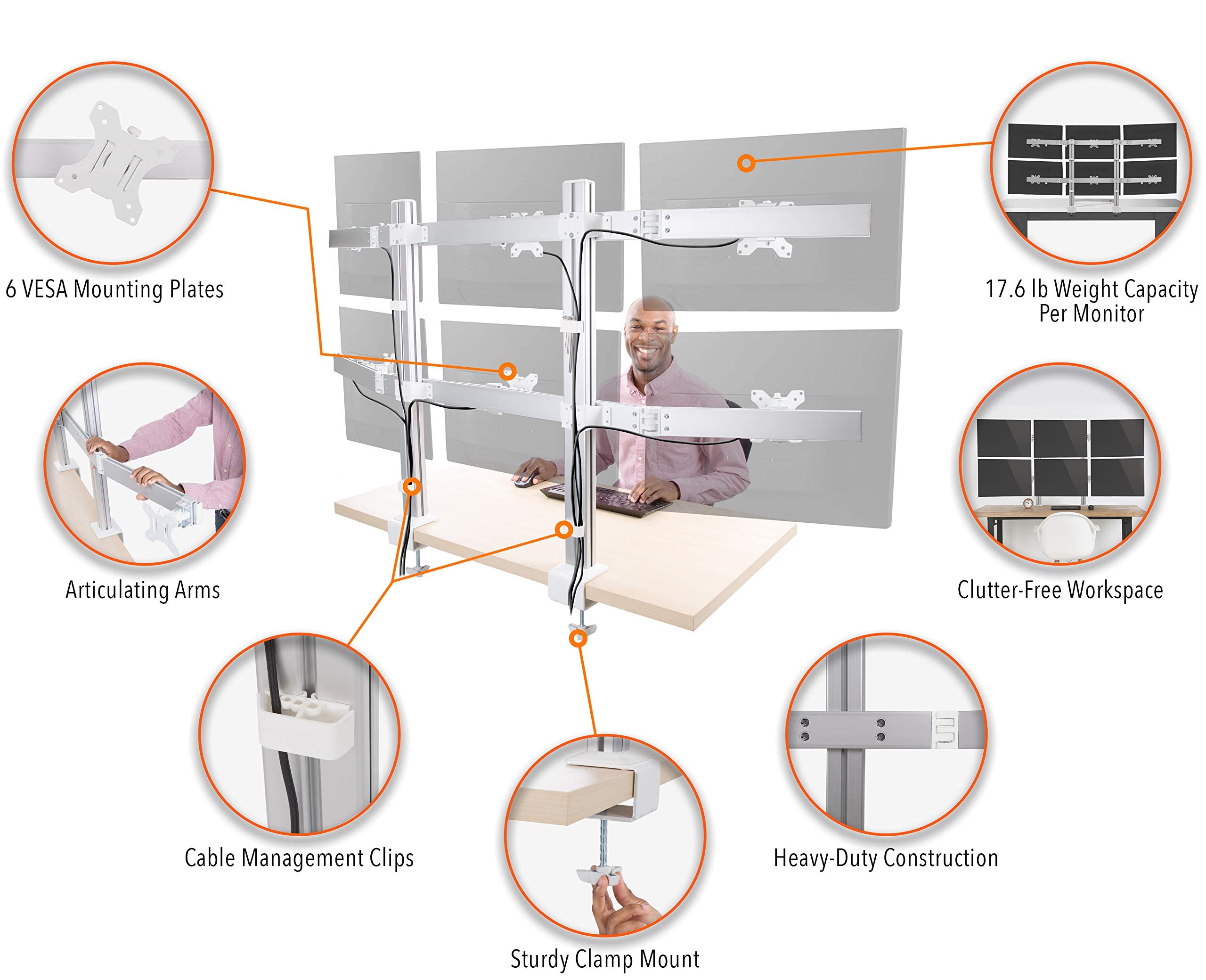 Heavy-Duty 6 Monitor Stand with Adjustable Height & Swivel Arm - VESA Mount for 6 LCD/LED Screens 17-32 inches, Clamp-On Base (Silver) - Perfect for Gaming Setup, Office Workstation & Multi-Tasking Professionals