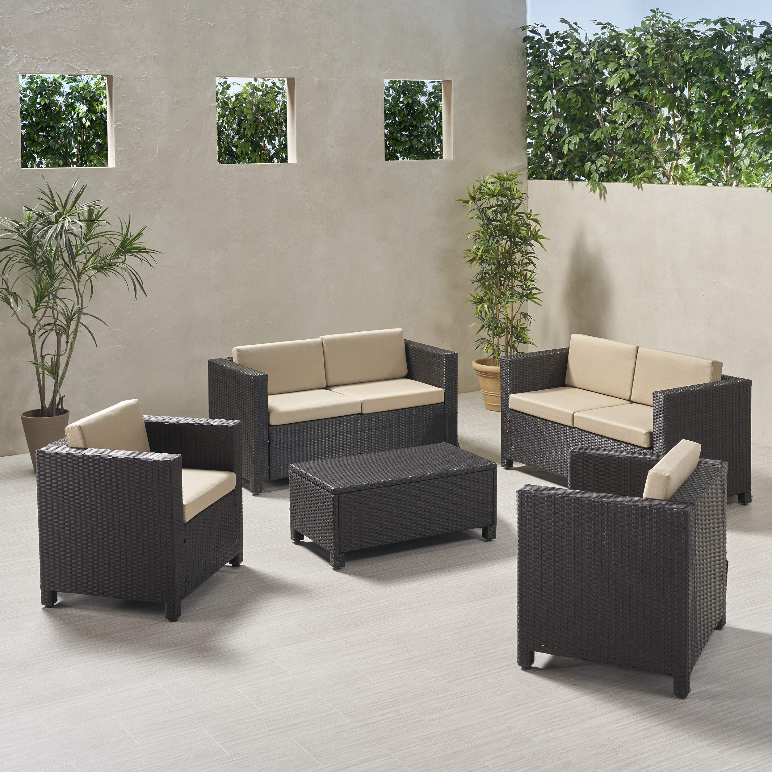 Premium 6-Piece Outdoor Patio Furniture Set with Cushions - Dark Brown & Beige Loveseat Chat Set for Garden, Backyard, Poolside or Deck (Weather-Resistant)
