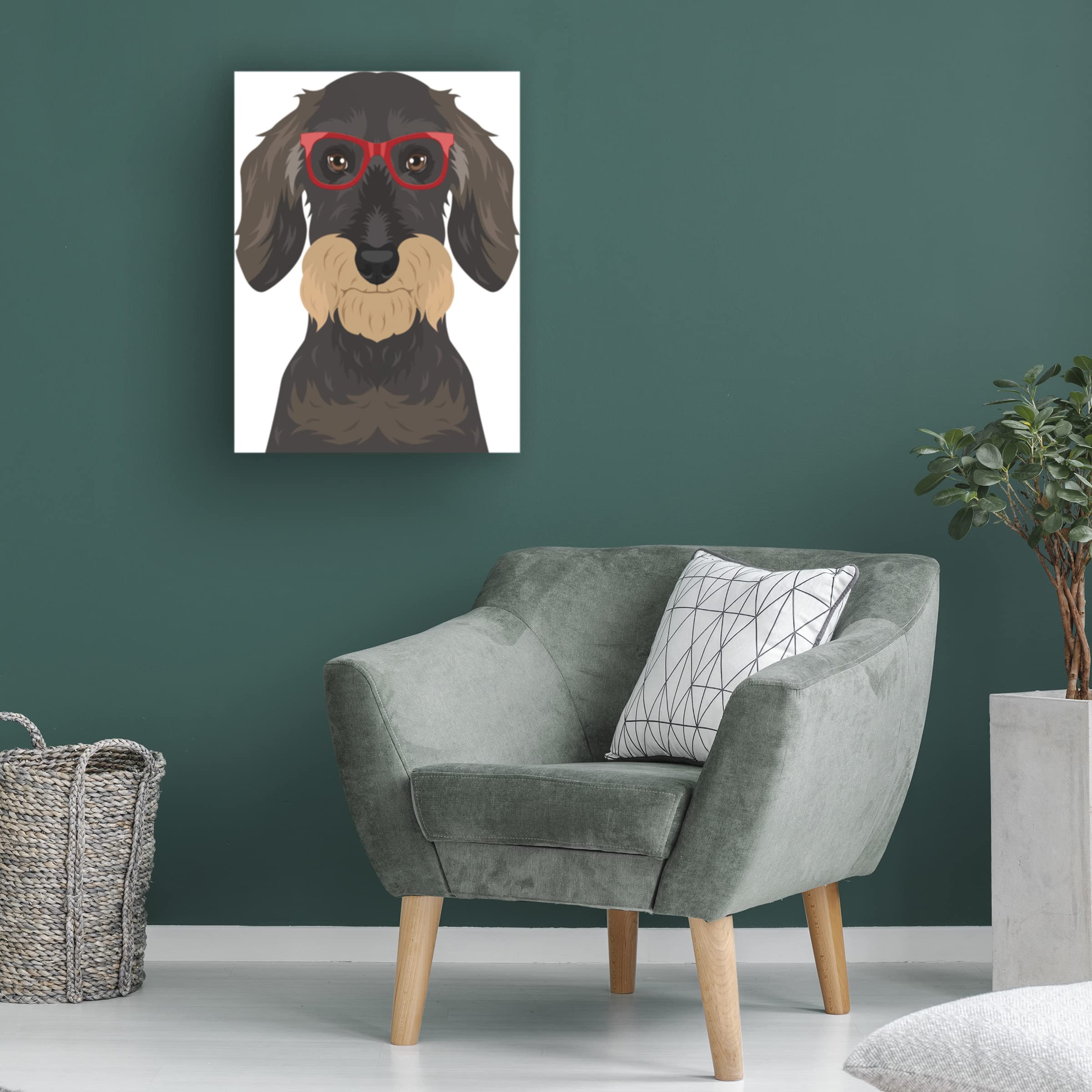 Wire Haired Dachshund in Hipster Glasses Canvas Wall Art - Modern Pet Portrait for Living Room Decor | Funny Dog Gift for Dog Lovers