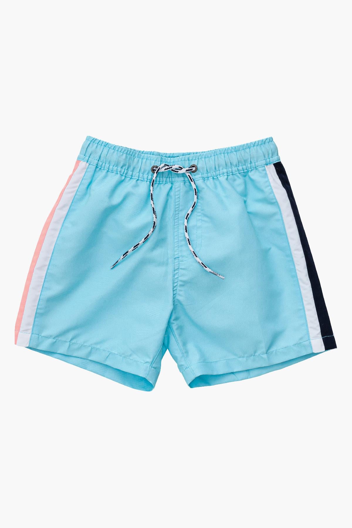 Boys' Swim Shorts - Snapper Rock Blue Retro Stripe Volley Board Shorts for Beach, Pool & Summer Activities | Quick-Dry Comfort Swimwear for Kids