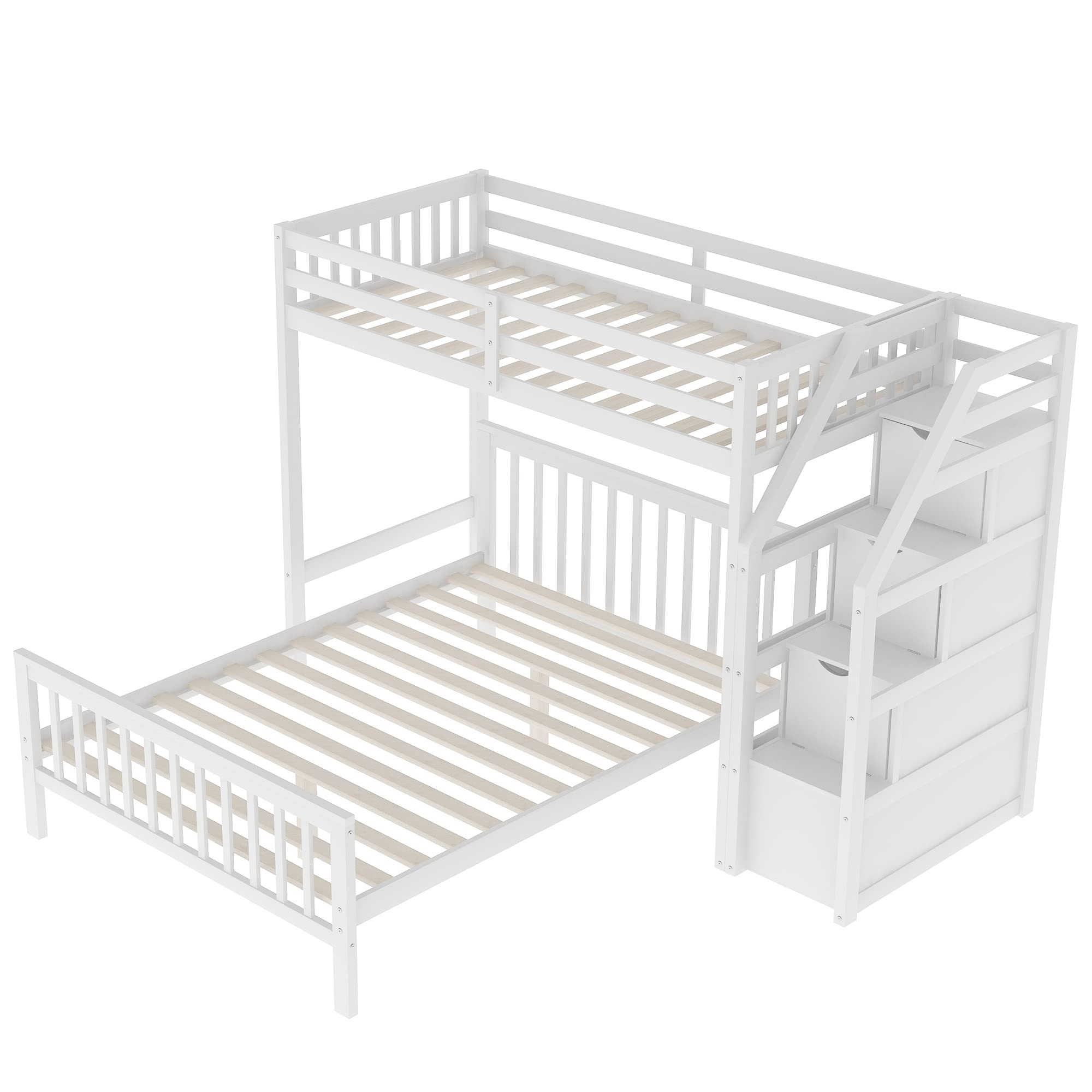 LZ LEISURE ZONE Twin Over Full Loft Bed with Storage - Solid Wood Bunk Bed Frame, No Box Spring Needed (White) - Perfect for Kids' Bedrooms, Guest Rooms & Small Spaces