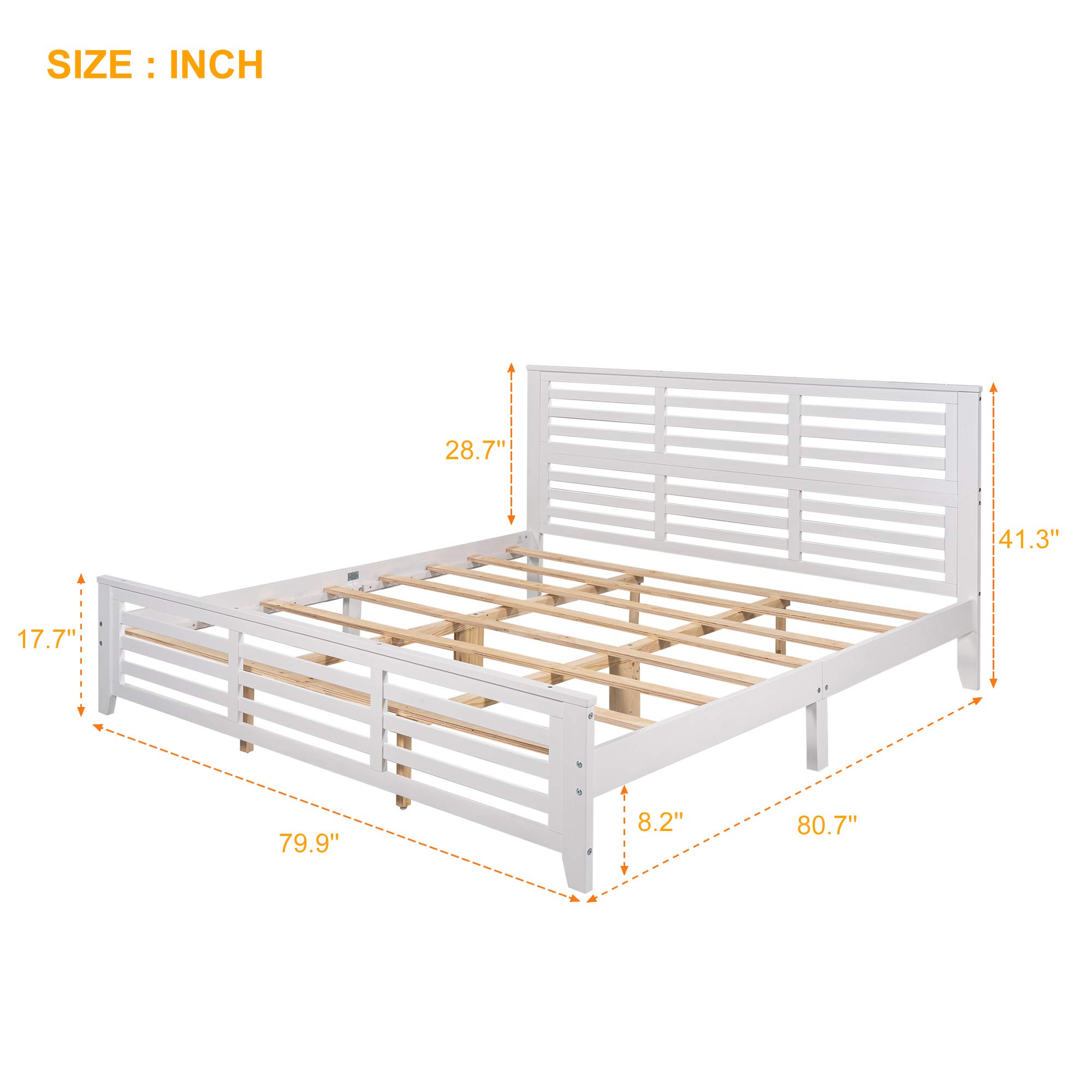 KLMM Solid Wood Platform Bed Frame with Headboard & Footboard - King Size, White - Heavy Duty Center Support & Wood Slats for Mattress - Easy Assembly for Bedroom, Guest Room, or Dorm