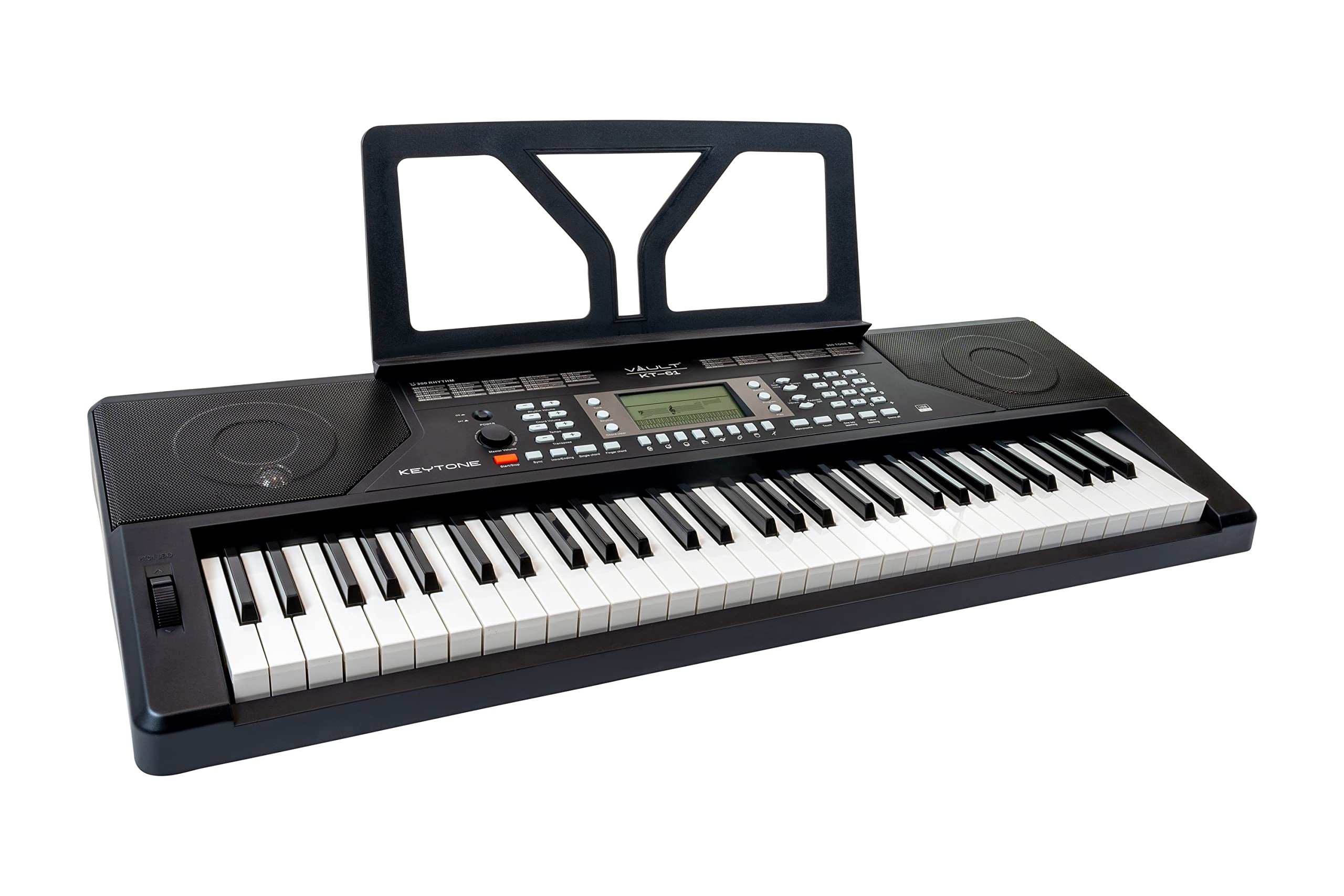 Vault KT-61 Touch Sensitive 61-Key Electronic Keyboard with Adjustable Stand - Black | Beginner Piano Keyboard Bundle Includes Keyboard Stickers, Instructional DVD & Polishing Cloth | Perfect for Home Practice, Music Lessons & Studio Recording