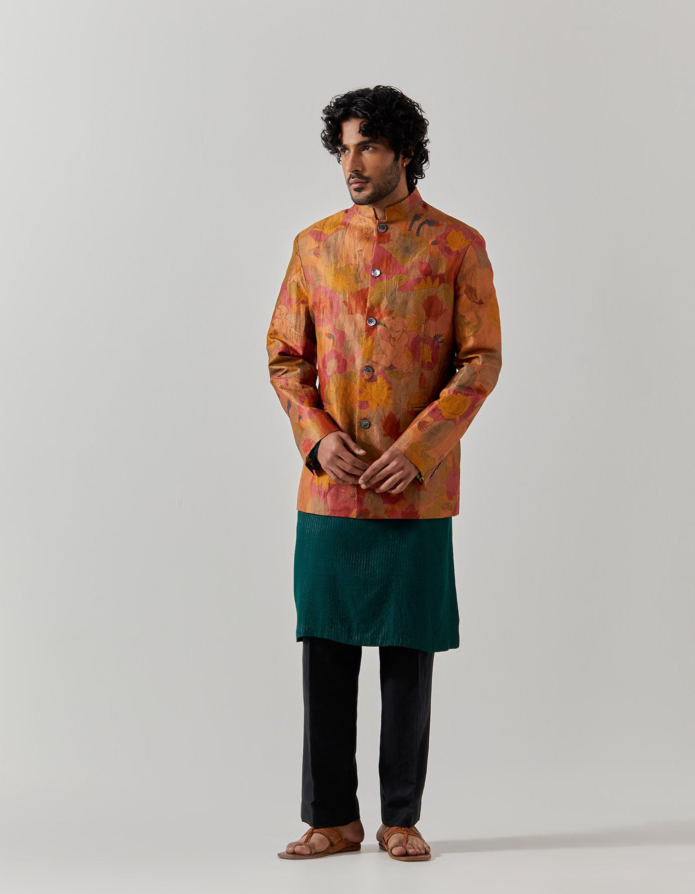 Luxury Bandhgala Silk Brocade Jacket with Gold Vineyard Embroidery - Perfect for Weddings, Festivals & Special Occasions