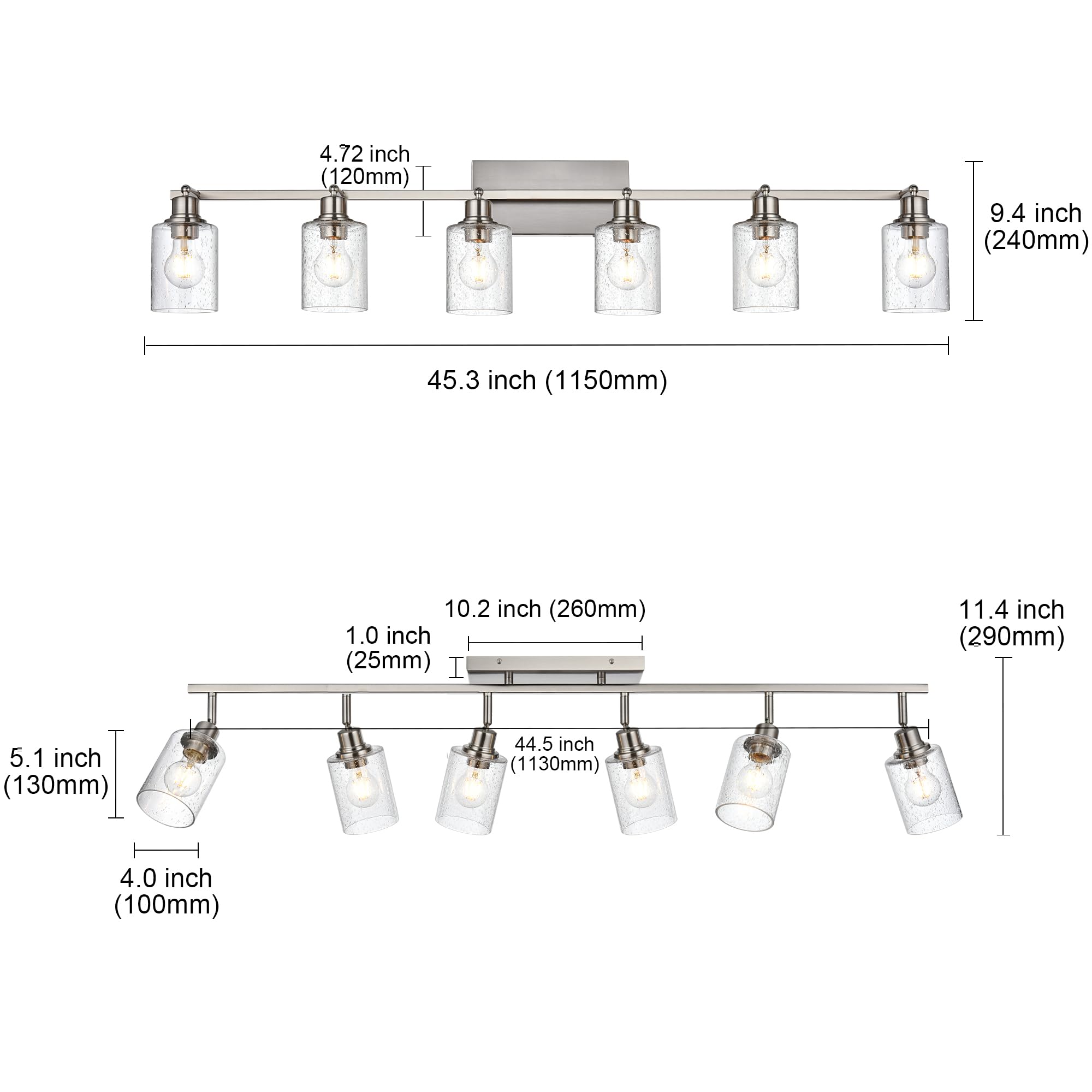 6-Light Flexible Track Lighting Kit - Brushed Nickel Flush Mount Ceiling Spotlights with Seeded Glass | Modern Track Light Fixtures for Kitchen, Bedroom & Bathroom Vanity | Perfect for Ambient Lighting in Living Rooms, Dining Areas and Retail Spaces