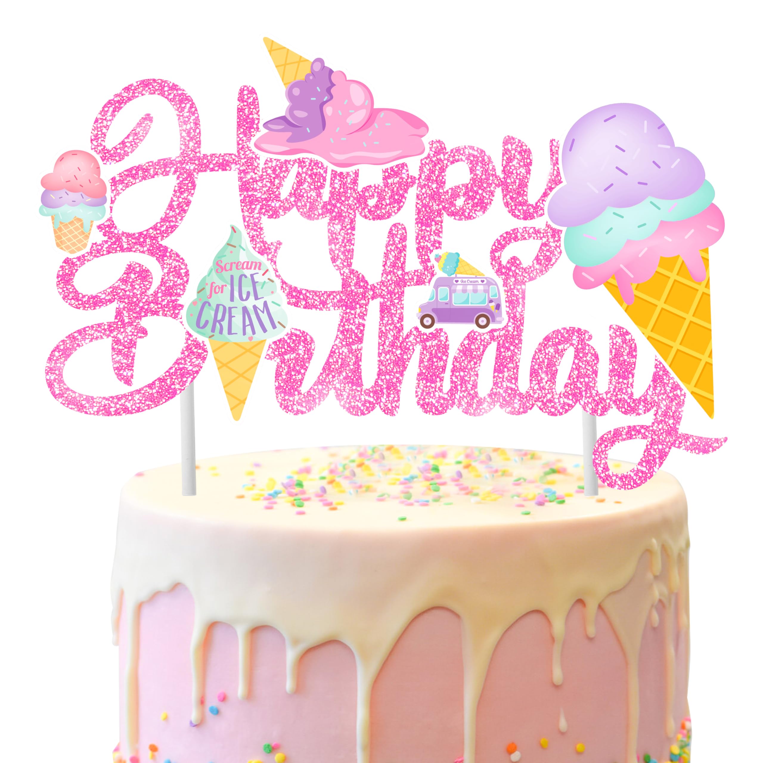 Pink Glitter Ice Cream Cake Topper - Happy Birthday Party Decorations for Kids, Boys & Girls | Ice Cream Themed Birthday Cake Decor & Summer Party Supplies | Perfect for Birthday Cakes, Cupcakes & Ice Cream Themed Parties