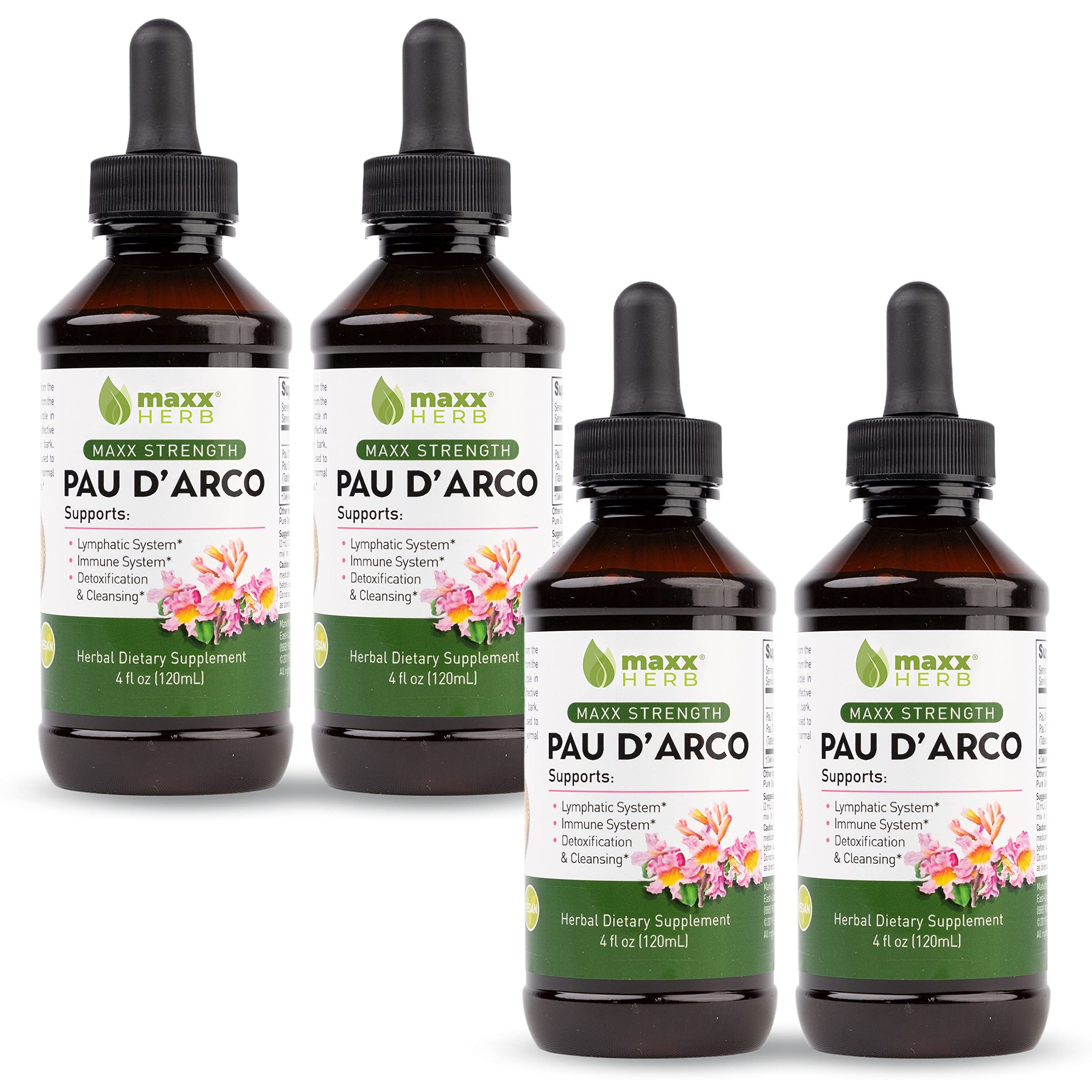Max Strength PAU D'Arco Extract Tincture - 4 Bottles (4 Oz Each) for Immune Support & Detox, Better Absorption Than Capsules | Herbal Supplement for Daily Wellness, Travel & Immune Boosting