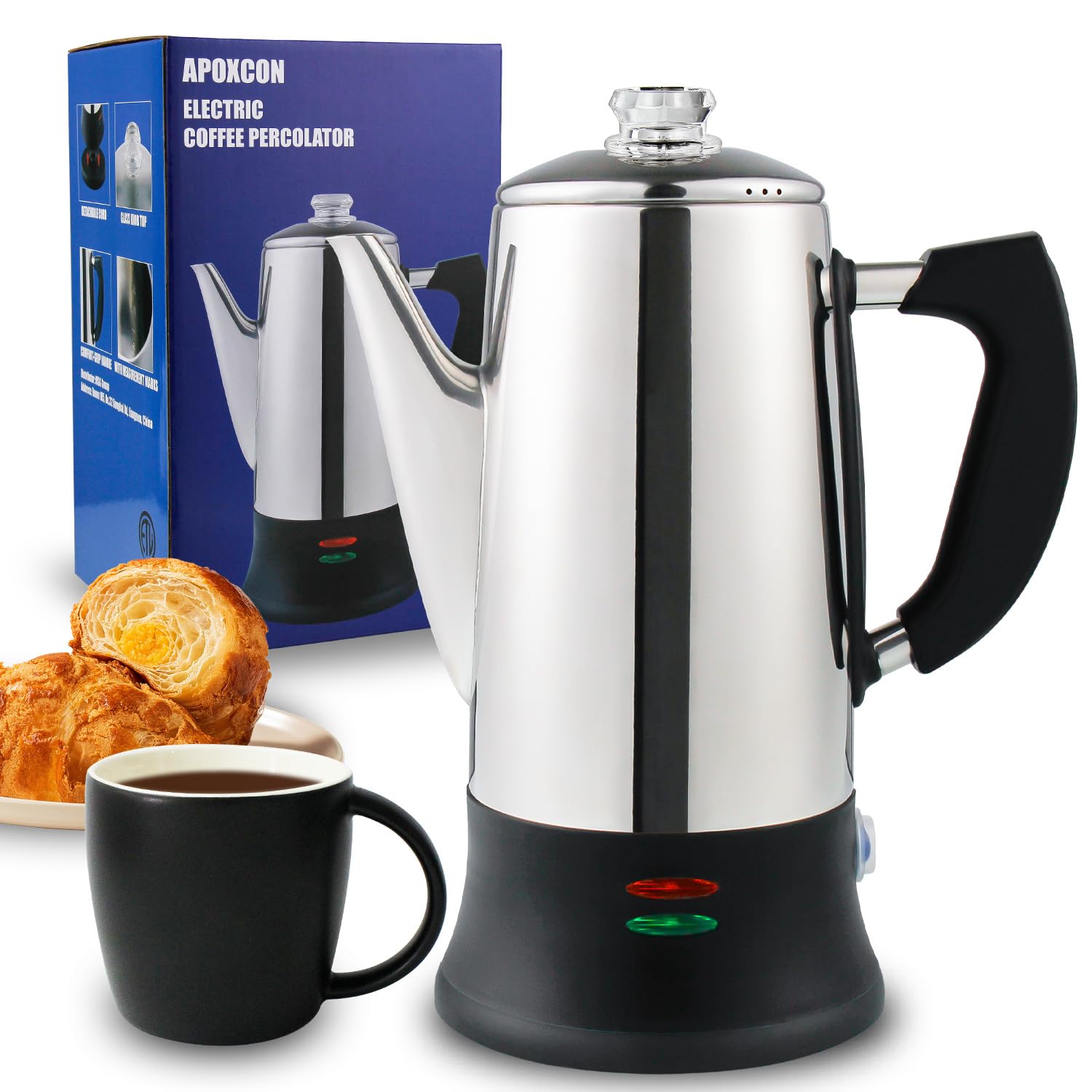 12 Cup Electric Coffee Percolator - Stainless Steel Coffee Maker with Heat-Resistant Glass Knob, Auto Keep Warm & Cordless Serving - ETL Certified for Safety - Perfect for Home, Office, Camping and Outdoor Use
