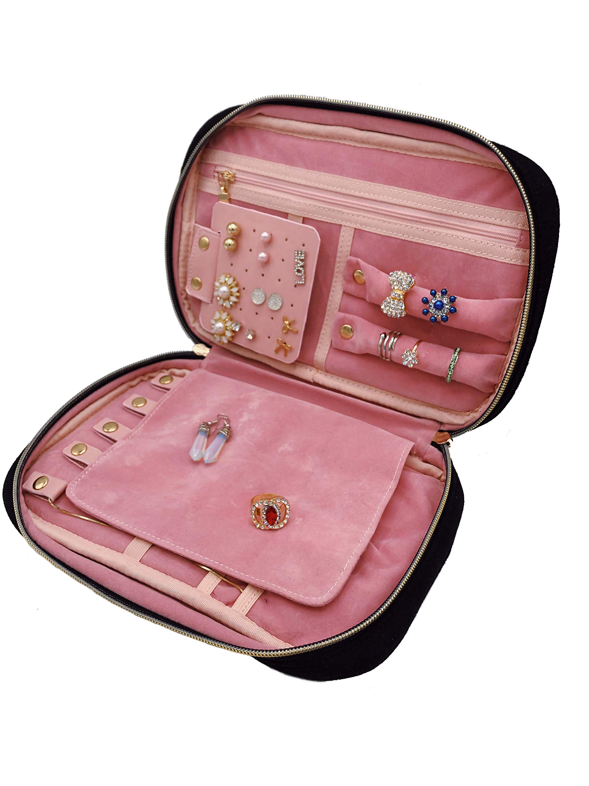ENZO Travel Jewelry Storage Case - Portable Organizer Box for Necklaces, Earrings, Rings, Bracelets & Watches | Compact Accessories Holder for Women | Perfect for Travel, Home & Gift Giving (Black)