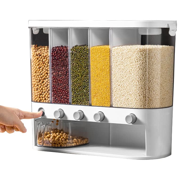 22LB White Rice Dispenser & Food Storage Container - 6-Grid Dry Food Dispenser for Rice, Grains, Dried Fruits - Perfect for Kitchen Pantry Organization & Bulk Food Storage