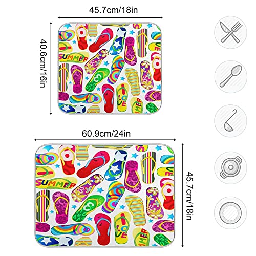 Reversible Colorful Flip Flops Dish Drying Mat - 18x24 Inch Large Absorbent Kitchen Counter Mat for Sink, Fast-Drying Tableware Pad | Perfect for Summer Vacation, Holiday Entertaining & Daily Dish Drainer Rack Replacement