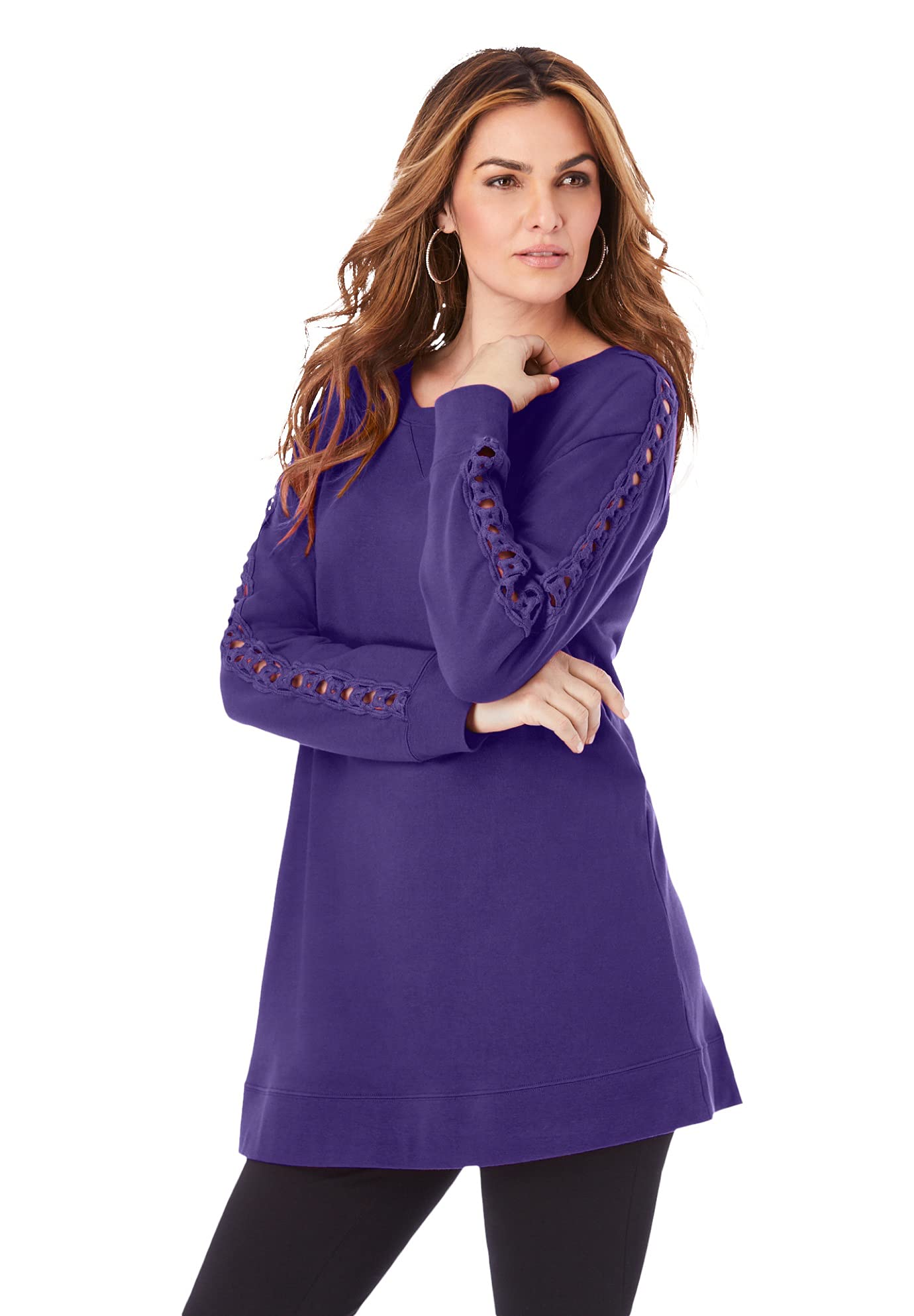 Rooman's Women's Plus Size Crochet Sleeve Sweatshirt Tunic Top - Cozy Oversized Pullover for Casual Wear, Fall & Winter Fashion | Perfect for Layering, Office, and Weekend Outfits