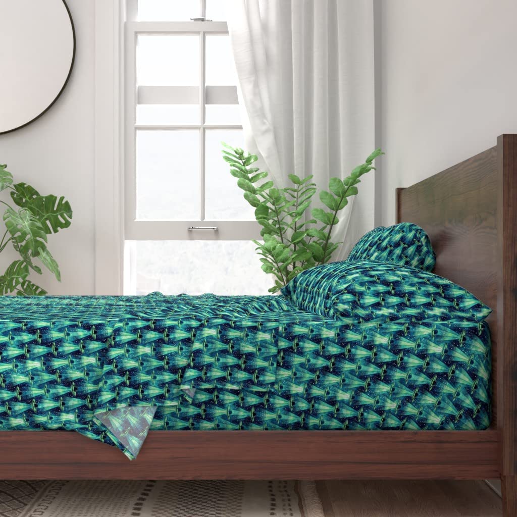 Premium 100% Cotton Twin Bed Sheet Set (3-Piece) - Green Space Rockets & Alien Spaceships Print | Soft Breathable Bedding for Kids & Teens | Perfect for Boys' Room, Science Themed Decor & Space Enthusiasts