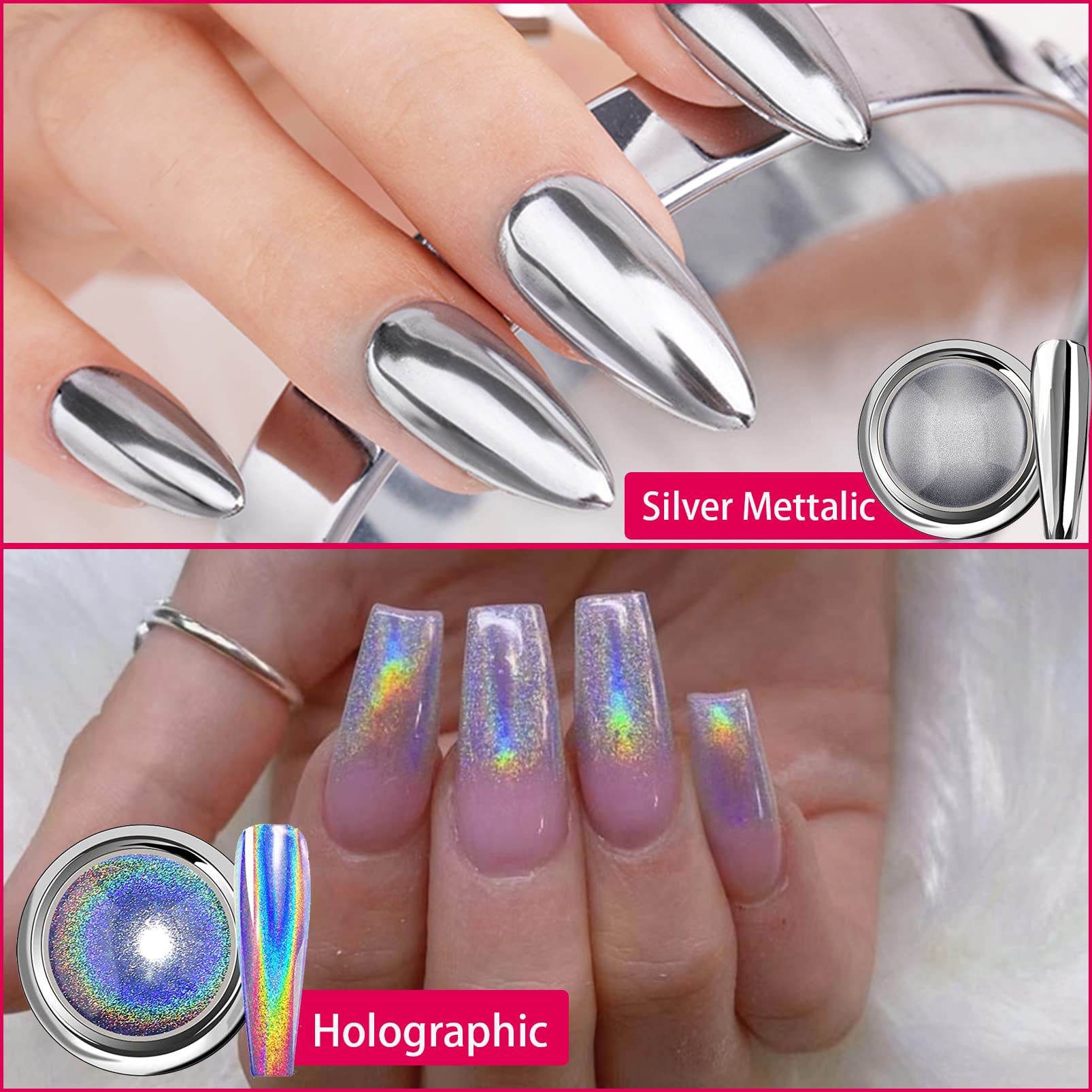4Pcs Chrome Nail Powder Set - White Pearl & Metallic Holographic Nail Art Pigment for DIY Manicure | Mermaid Aurora Nail Design | Perfect for Salon, Home Use & Gift Giving