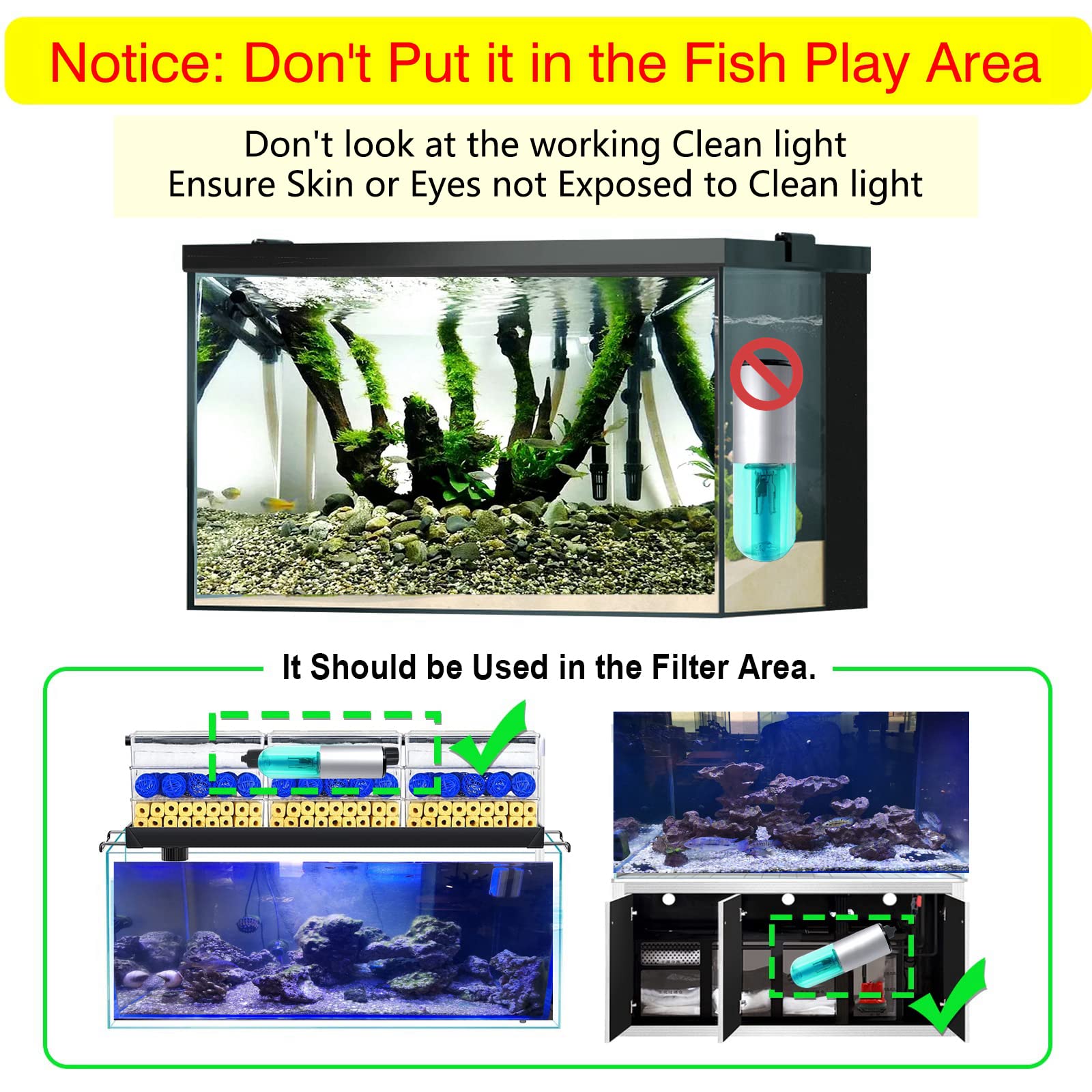 Hipargero Mini 3W Aquarium Cleaning Light with Timer - IP68 Waterproof LED Green Algae Cleaner for Fish Tanks | Perfect for Freshwater & Saltwater Aquariums, Planted Tanks & Nano Reefs