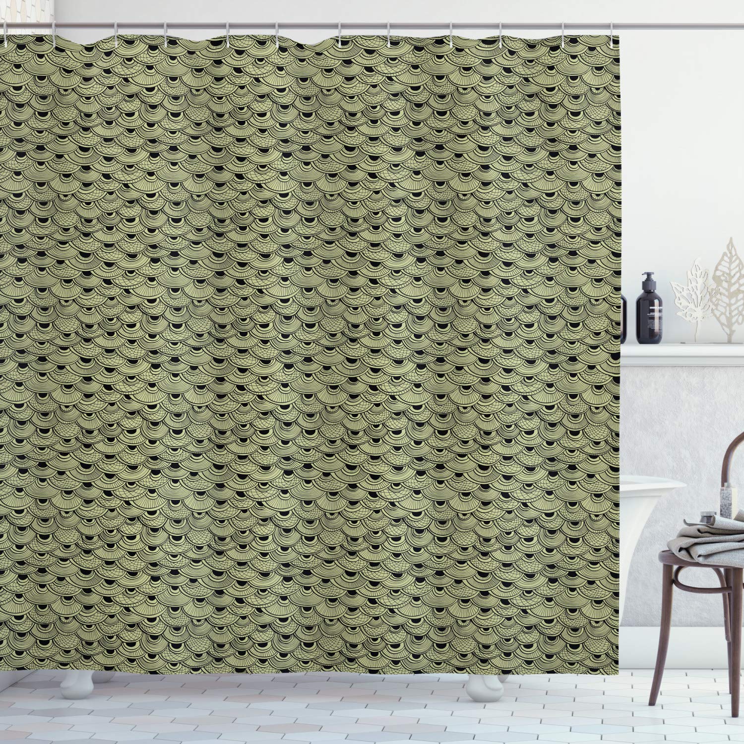 Ambesonne Fish Scale Shower Curtain - Abstract Boho Design with Black & Pale Khaki Curves, 69x84 Inch Waterproof Fabric Bathroom Decor with Hooks | Stylish for Modern, Vintage & Bohemian Bathrooms