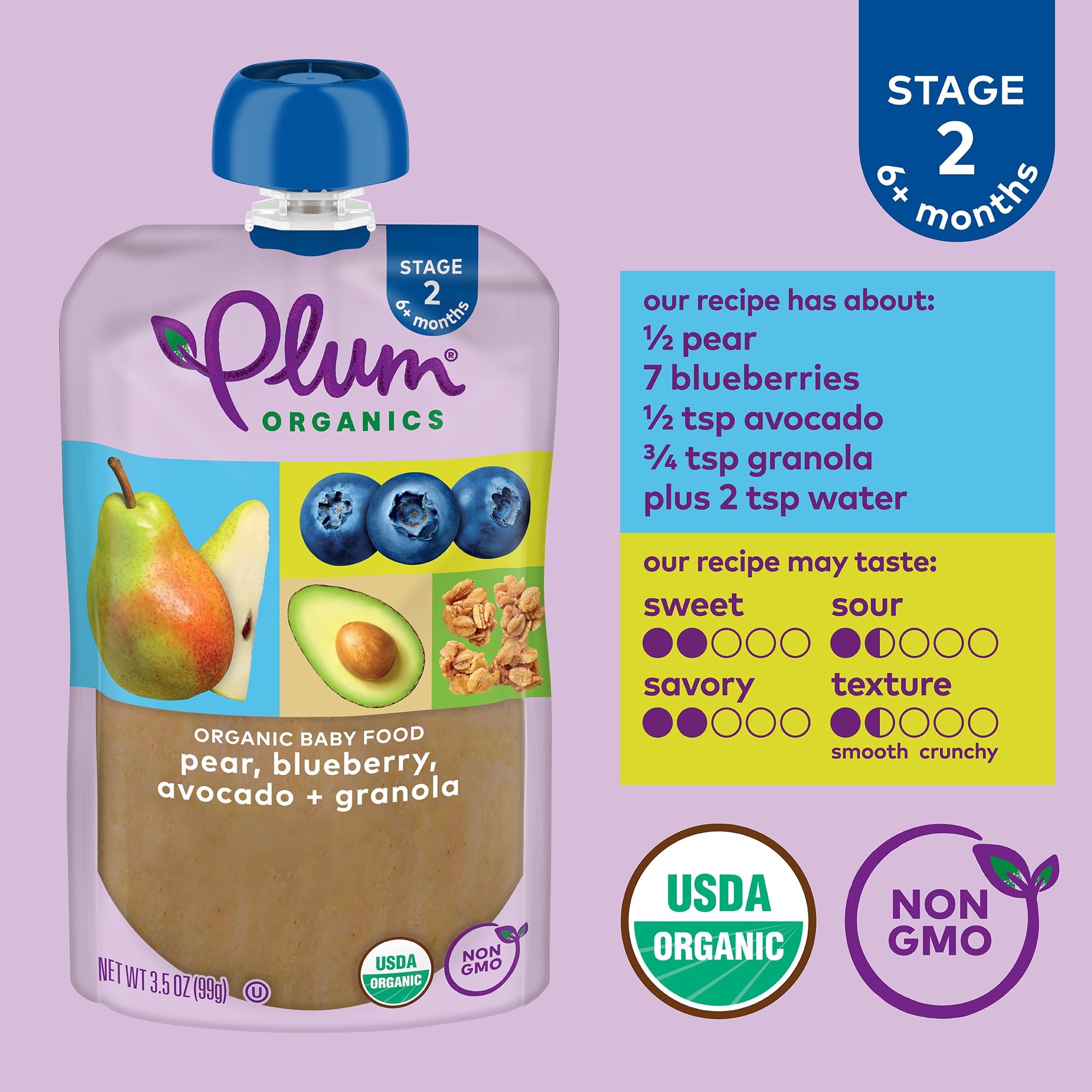 Organic Plum Stage 2 Baby Food Pouch - Pear, Blueberry & Avocado with Granola - 3.5oz (6 Pack) | USDA Certified Fruit & Vegetable Puree for Toddlers | On-the-Go Snack for Travel & Daycare