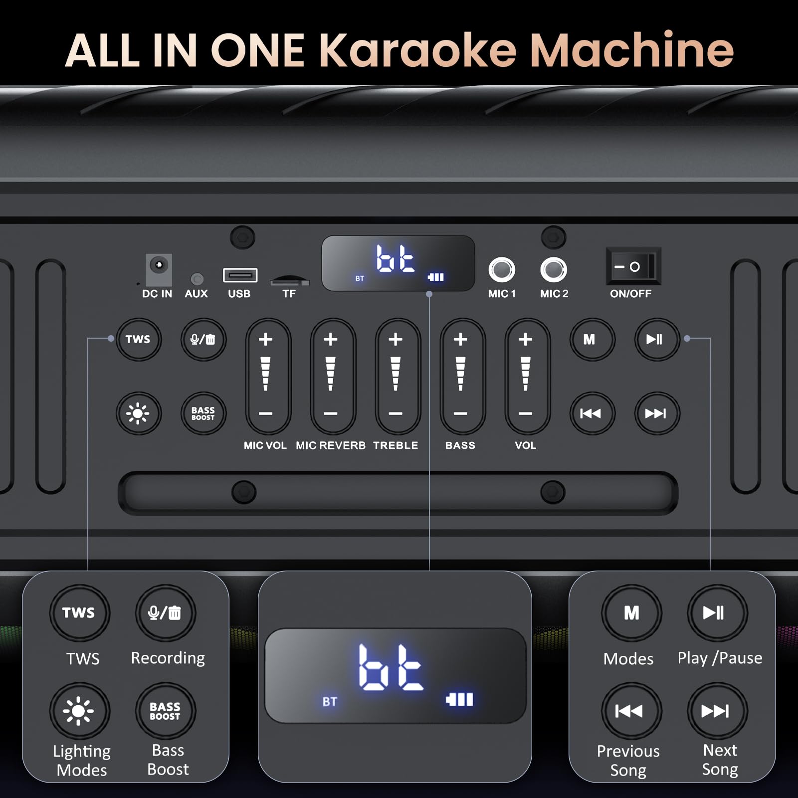 JYX Karaoke Machine with 2 Wireless Microphones - Portable Bluetooth Party Speaker with TWS Stereo, Deep Bass & Dual 60W Subwoofers (400W Peak) - Perfect for Home Karaoke, Outdoor Parties & Live Performances
