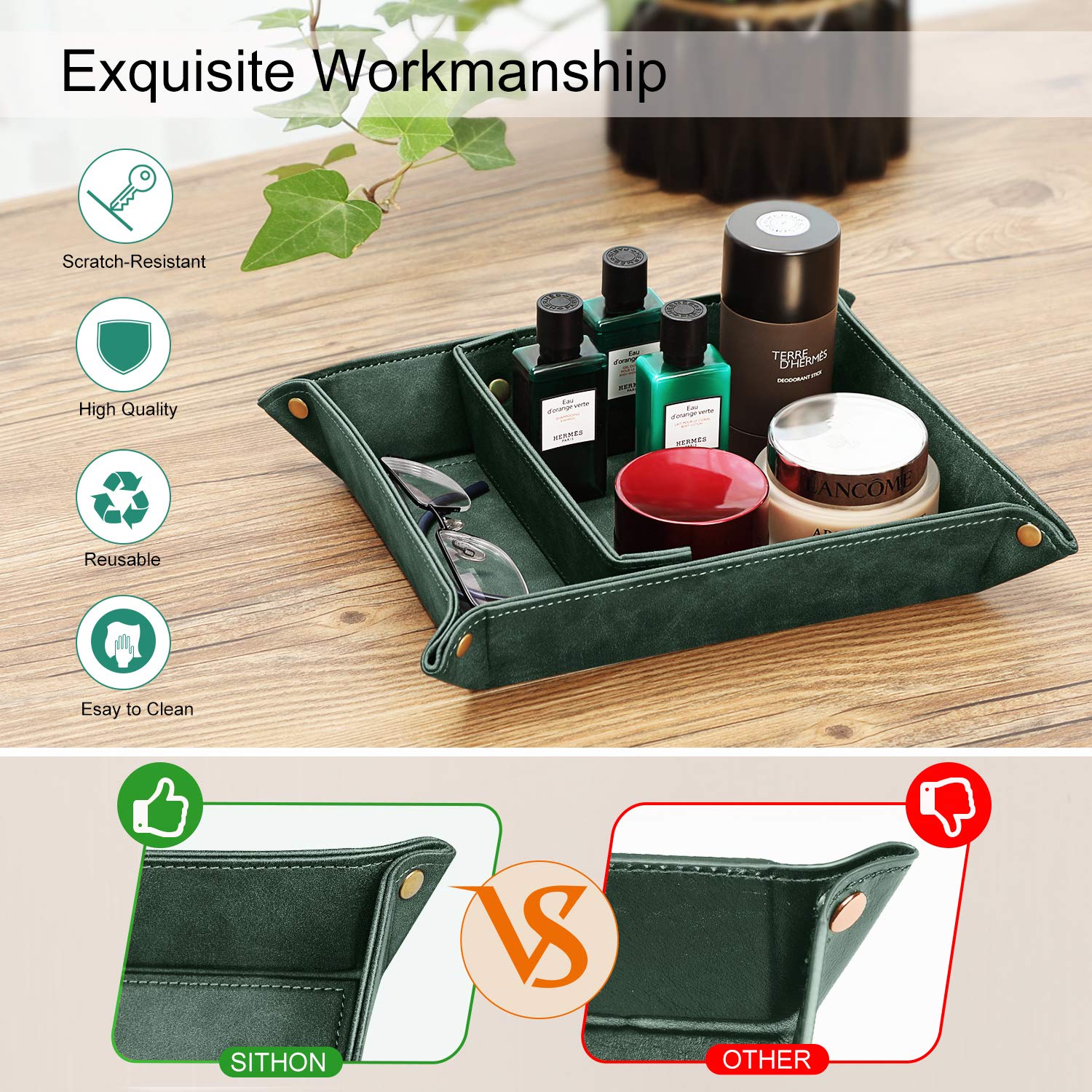 SITHON Valet Tray - 2 Compartment Desktop Organizer with Removable Dividers | Nightstand Catchall Tray for Jewelry, Keys & Essentials | Dark Green Storage Plate for Bedroom, Office & Vanity