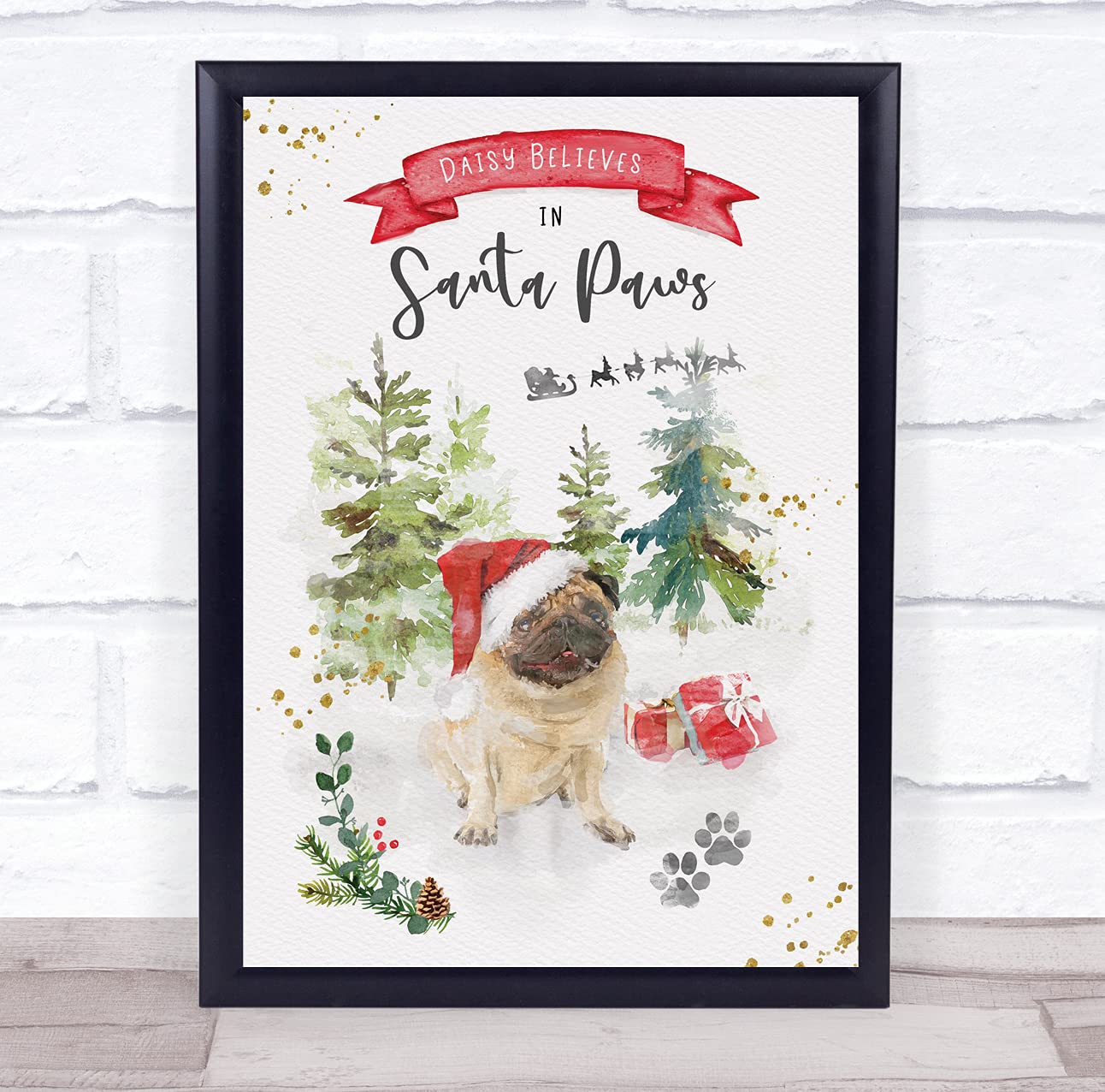 Personalized Believe Santa Paws Pug Dog Christmas Sign - Custom Holiday Decor for Pet Lovers - Perfect for Fireplace Mantel, Front Door & Gift Giving