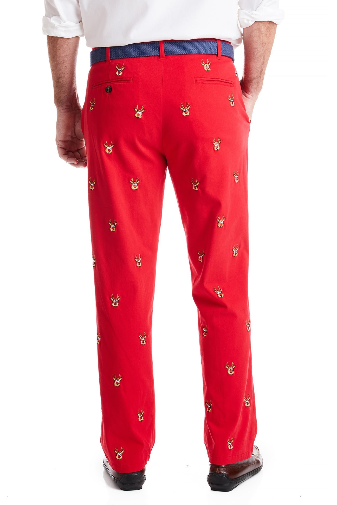 Stretch Twill Harbor Pants in Bright Red with Rudolph Print - Comfortable & Stylish Casual Wear for Holiday Parties & Festive Gatherings
