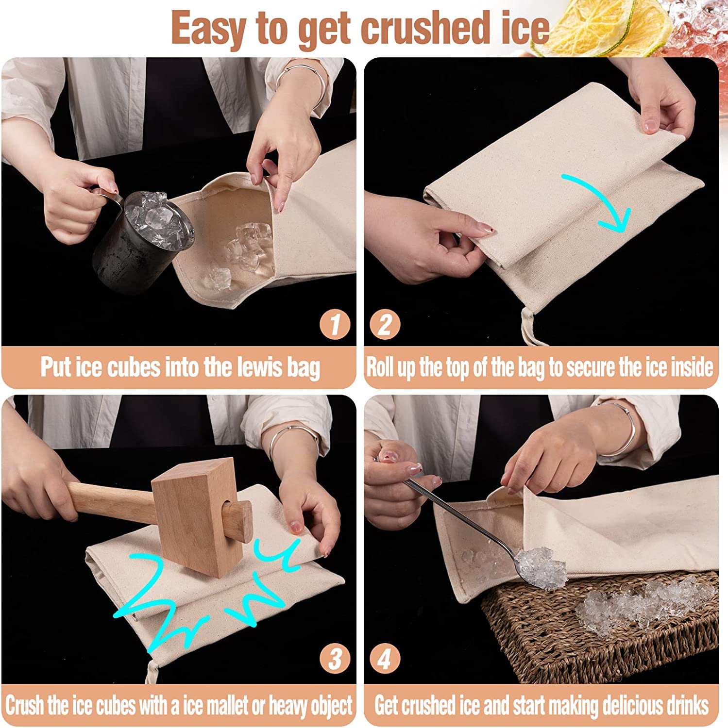 Professional Lewis Ice Bags with Wooden Mallet Set - 15.3×8.6 Inch Reusable Canvas Ice Crusher Bags for Home, Kitchen, Bar & Party - Perfect for Cocktails, Smoothies & Outdoor Gatherings
