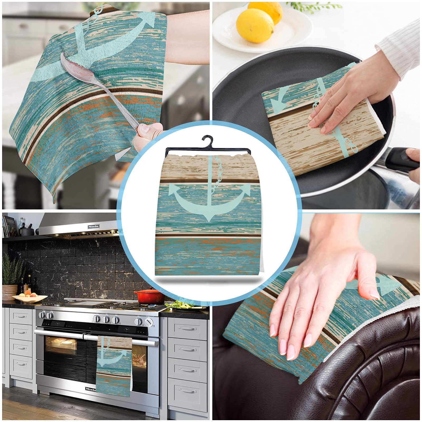 **Turquoise & Brown Anchor Print Kitchen Dish Towels Set of 2 – Soft, Lightweight, Absorbent Microfiber Hand Towels for Kitchen & Bathroom (18x28 Inches) – Perfect for Drying Dishes, Cleaning Countertops, and Adding Coastal Decor**