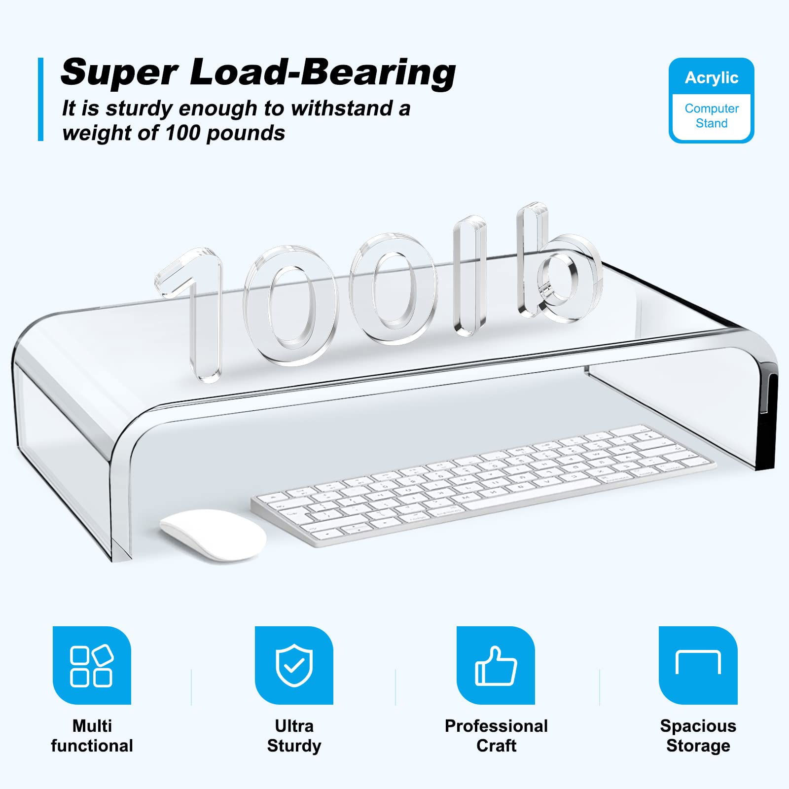 Clear Acrylic Monitor Stand Riser with Storage - Ergonomic Laptop & Computer Stand for Desk Organization | Perfect for Home Office, Gaming Setup & School Workspace