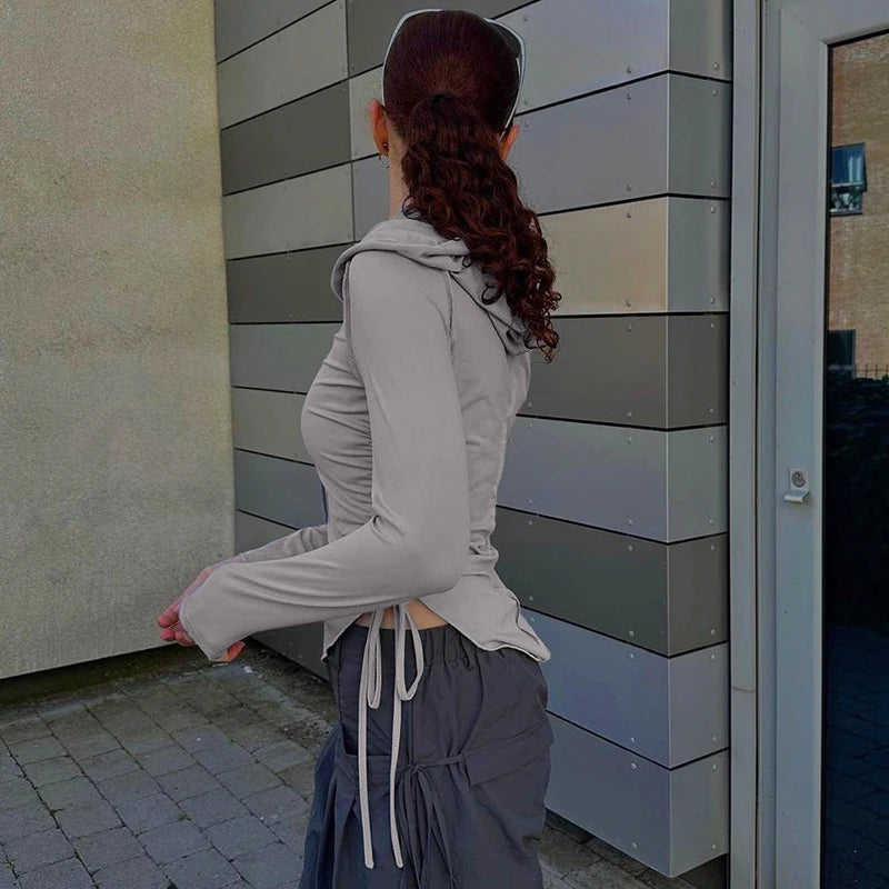 Women's Asymmetrical Stitch Hooded Long Sleeve T-Shirt - Slim Fit Drawstring Harajuku Style Pullover with Shirring Details | Perfect for Autumn Grunge Fashion, Streetwear & Casual Outfits