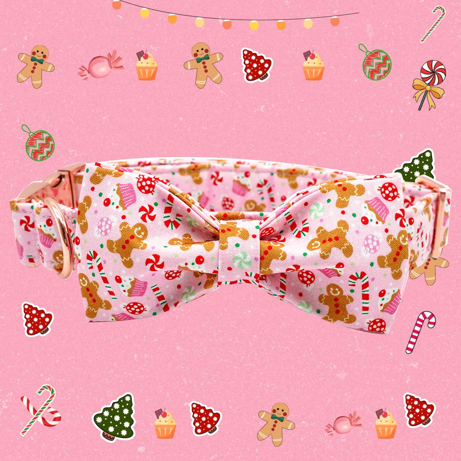 Adjustable Christmas Gingerbread Man Dog Collar with Bow - Elegant Pet Collar for Small Dogs, Perfect for Holiday Photos & Gifts
