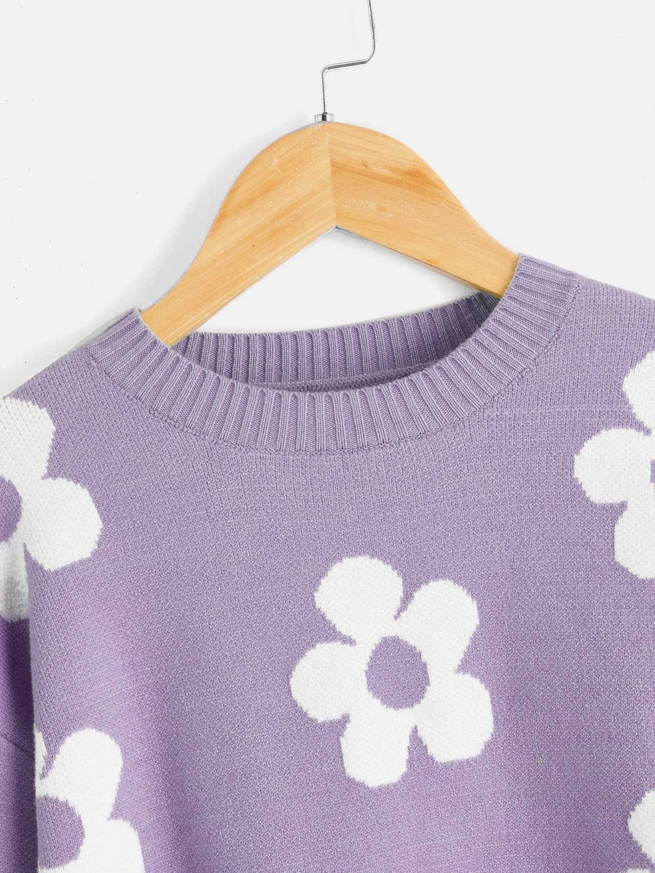 SHENHE Girls' Floral Print Long Sleeve Crewneck Sweater - Soft Casual Pullover Jumper Top for School, Fall Outfits & Family Photos