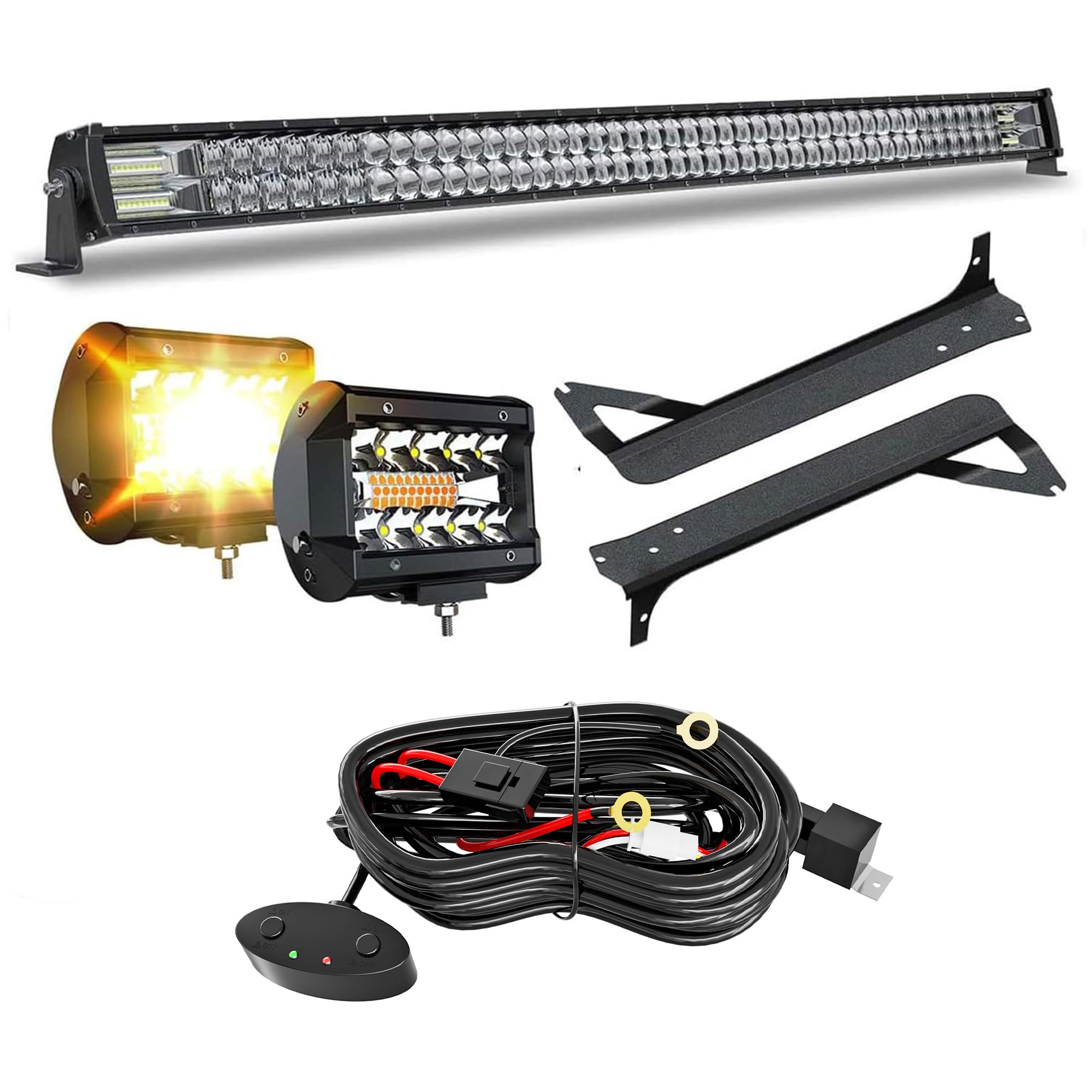 5D 52-Inch 300W LED Light Bar with 4-Inch White/Amber LED Pods - Strobe Fog Lights for Off-Road & Jeep Wrangler TJ (1997-2006) - Includes Windshield Mount Brackets & Wiring Harness - Perfect for Night Driving, Off-Roading & Emergency Vehicles