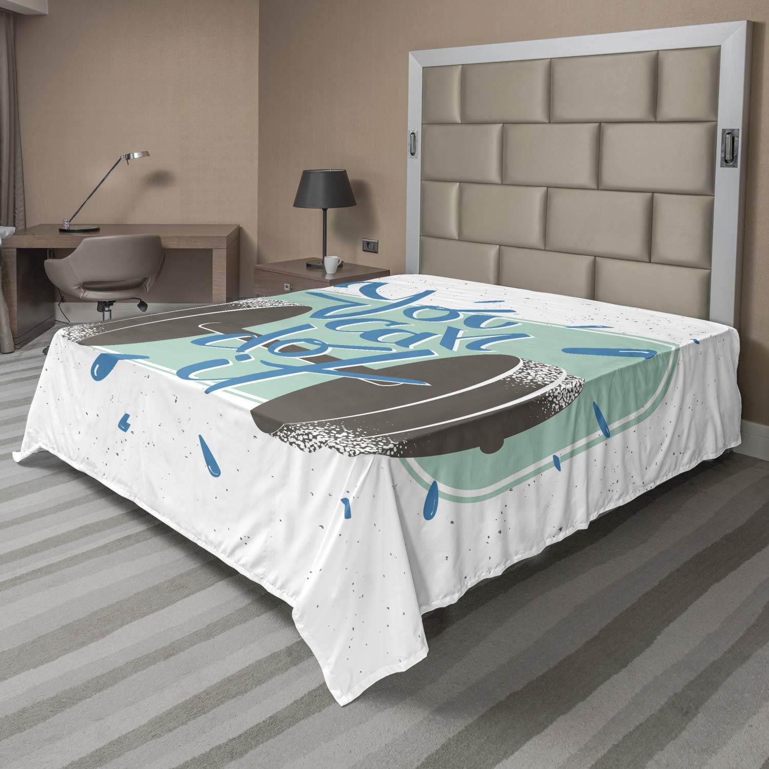 Ambesonne Fitness Flat Sheet - King Size Soft Comfortable Top Sheet with Retro Dumbbell Design & 'You Can Do It' Phrase - Grey Almond Green Blue Decorative Bedding for Gym Enthusiasts & Home Workout Spaces
